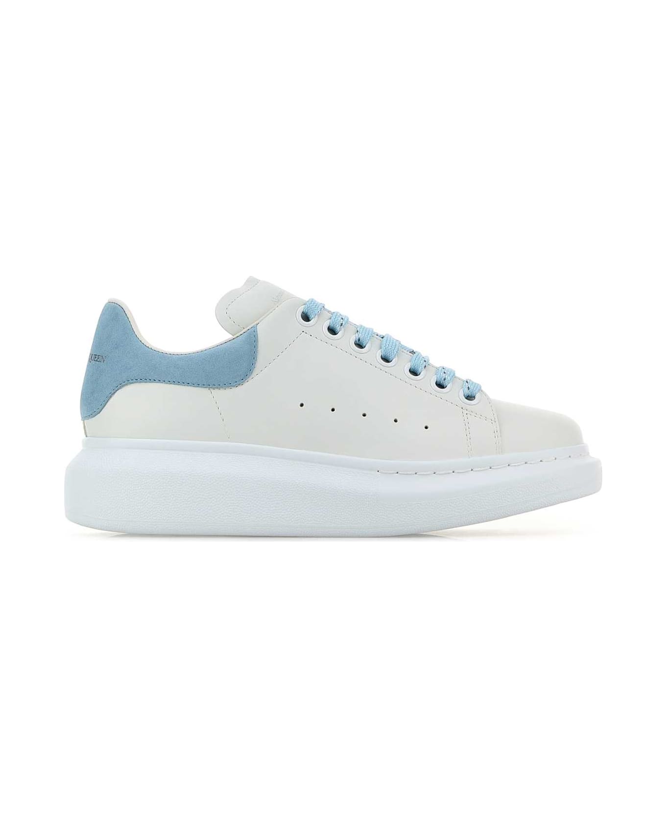 Alexander McQueen White Leather Sneakers With Pastel Light Blue Suede Heel - WHITEPOWDERBLUE