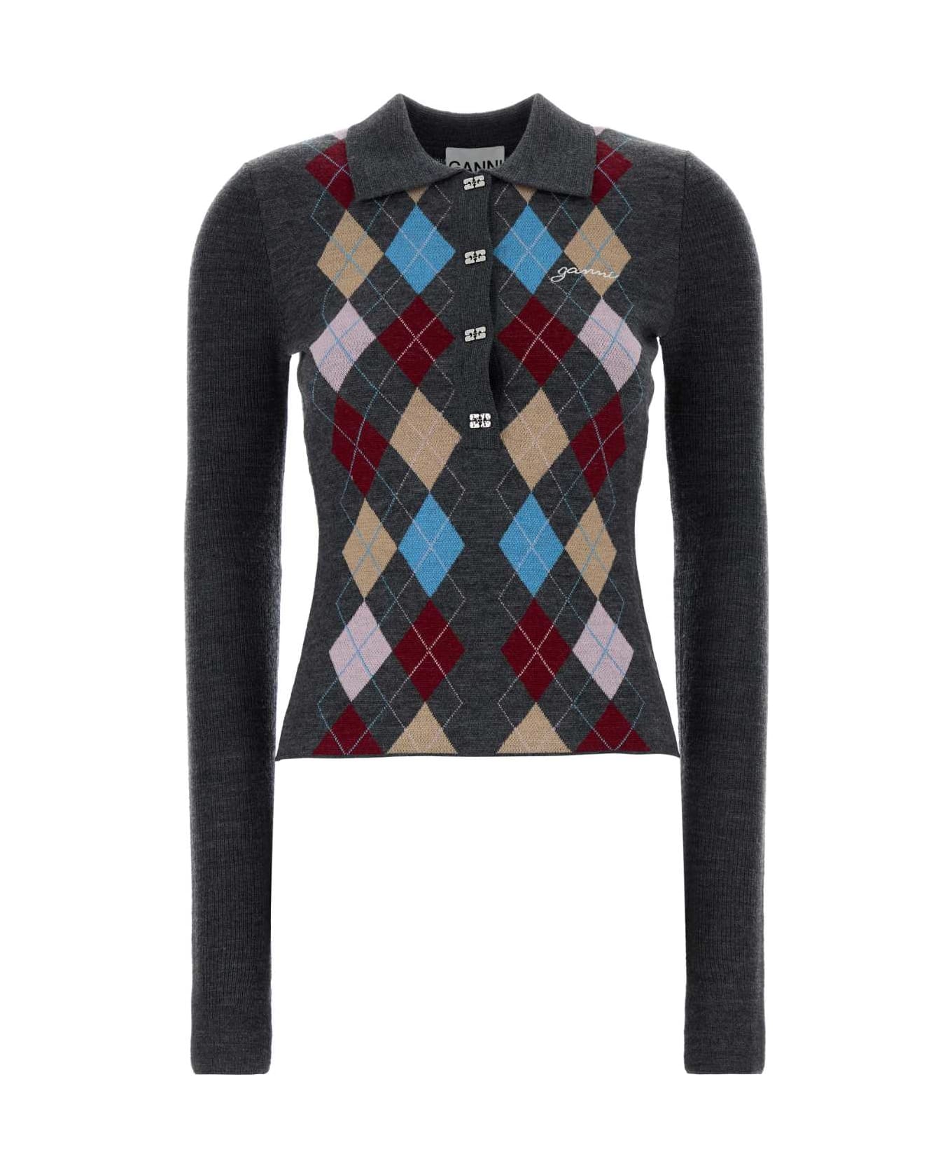 Ganni Dark Grey Wool Polo Shirt - PALOMA
