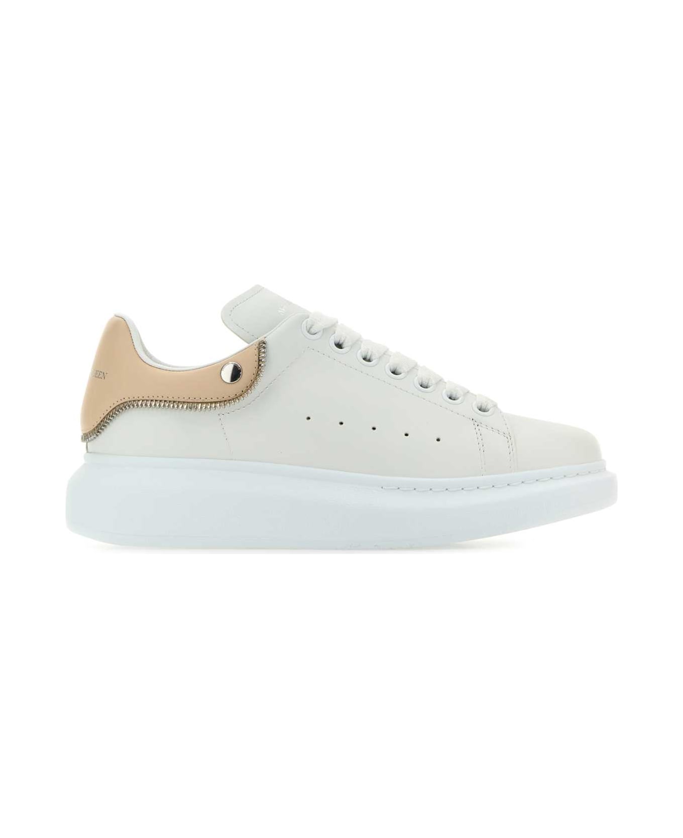 Alexander McQueen White Leather Sneakers With Powder Pink Leather Heel - WHITEOATSILVER