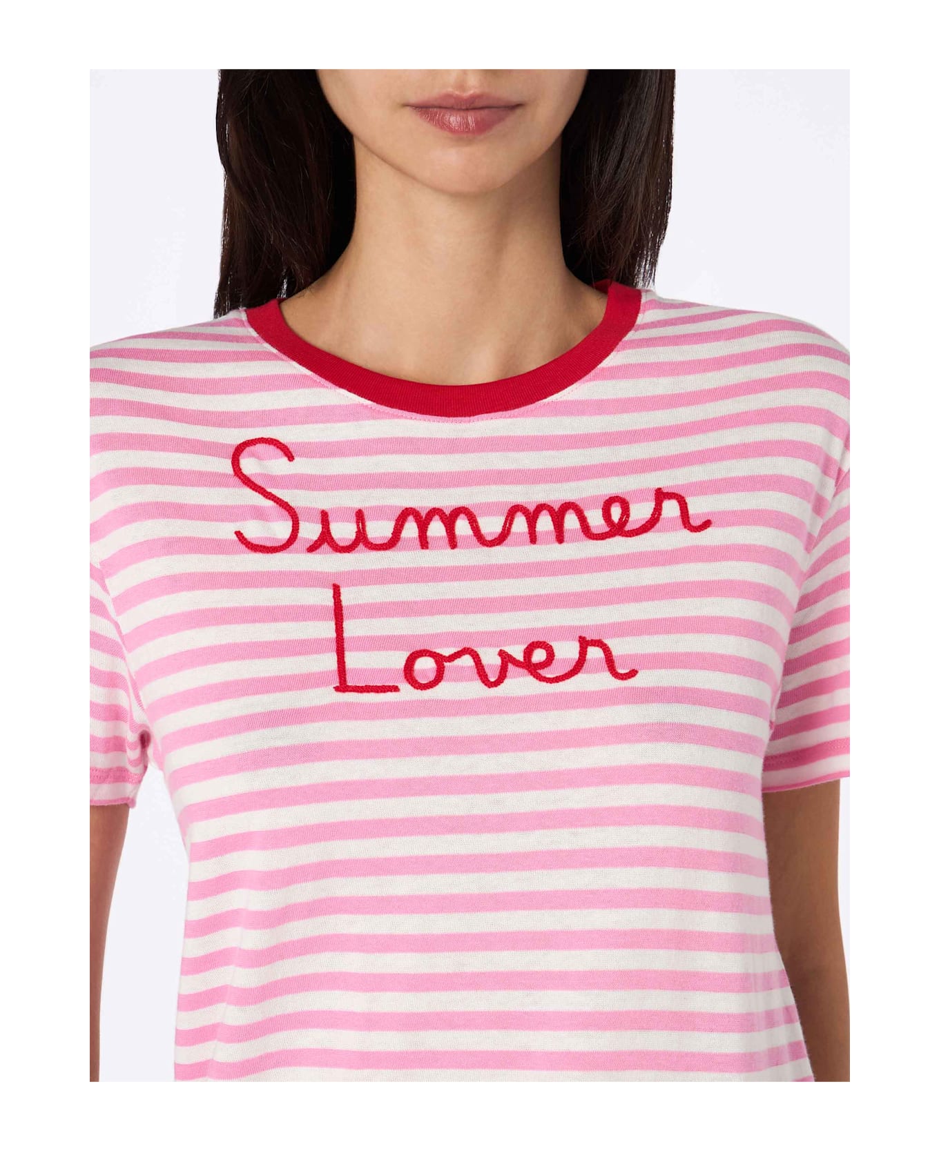 MC2 Saint Barth Woman Striped Cotton Jersey Crewneck T-shirt Emiilie With Summer Lover Embroidery - PINK