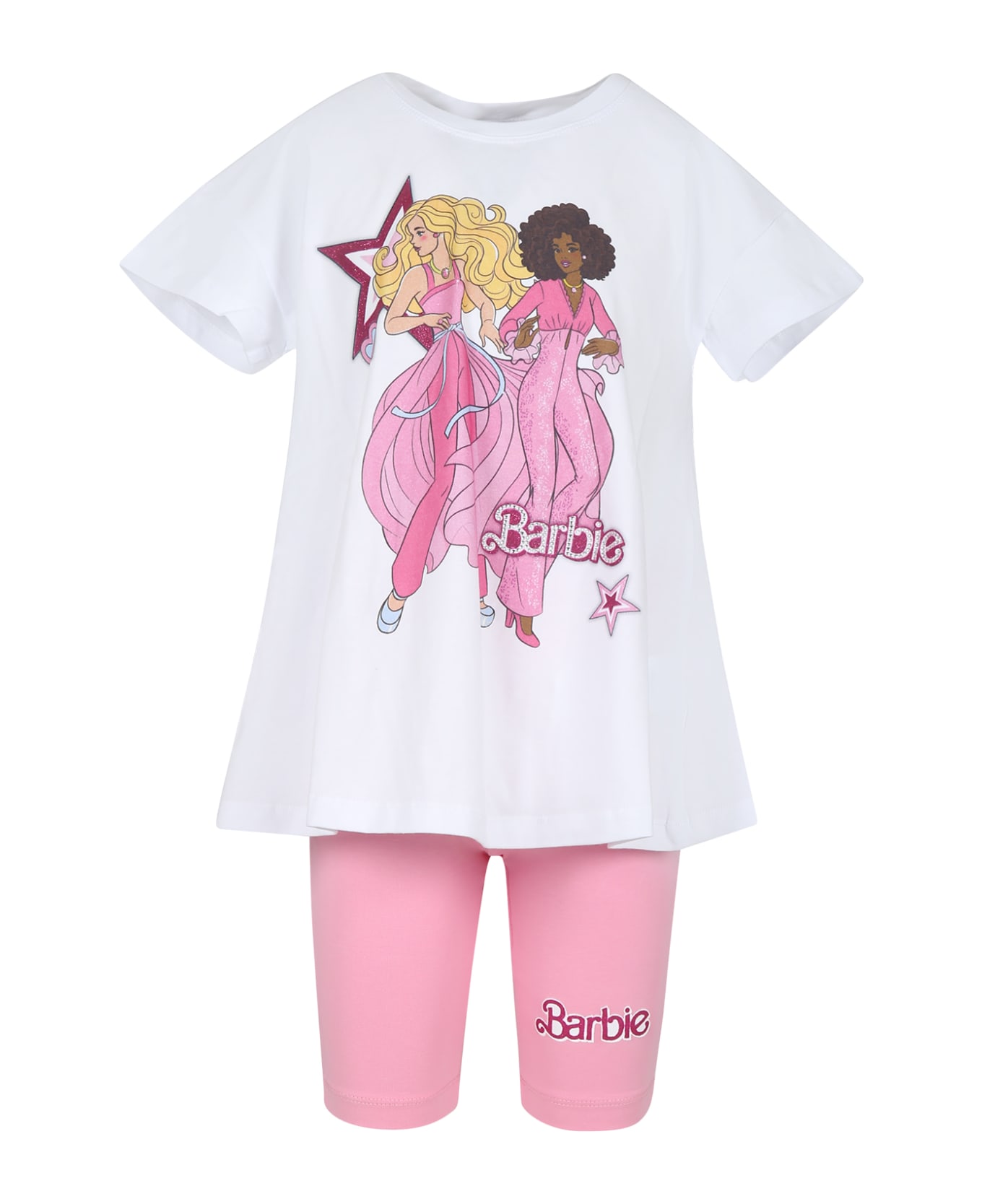 Monnalisa White Suit For Girl With Barbie Print And Rhinestone - Multicolor