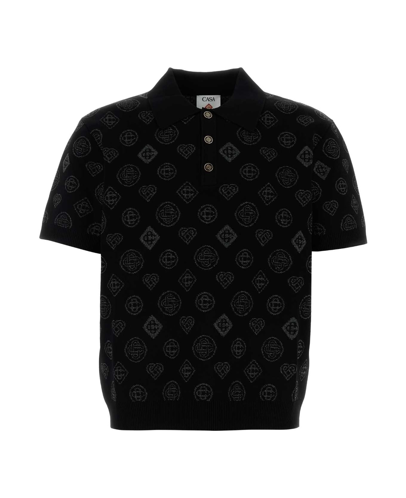 Casablanca Embroidered Viscosa Blend Polo Shirt - BLACK