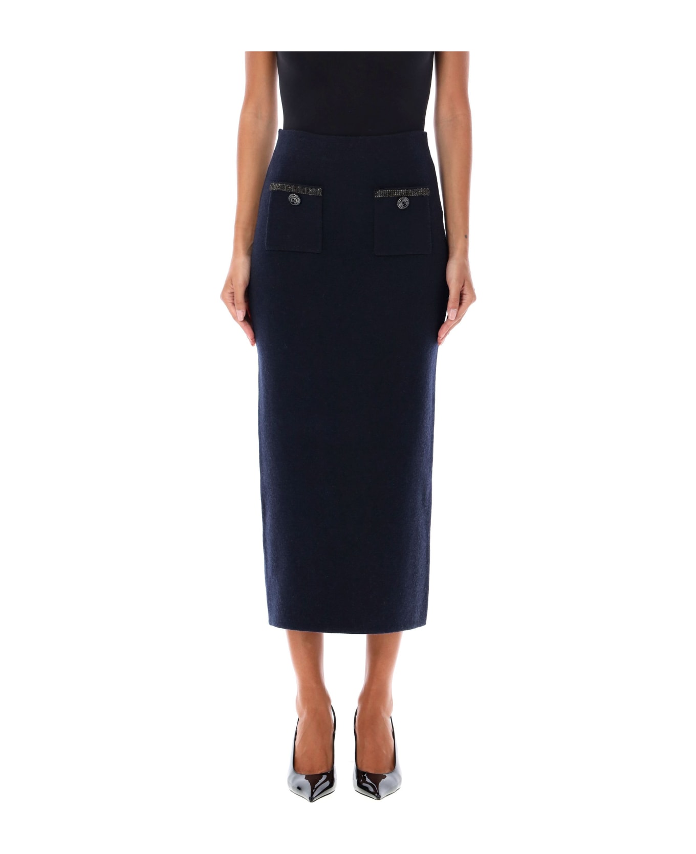 self-portrait Compact Wool Midi Skirt - NAVY