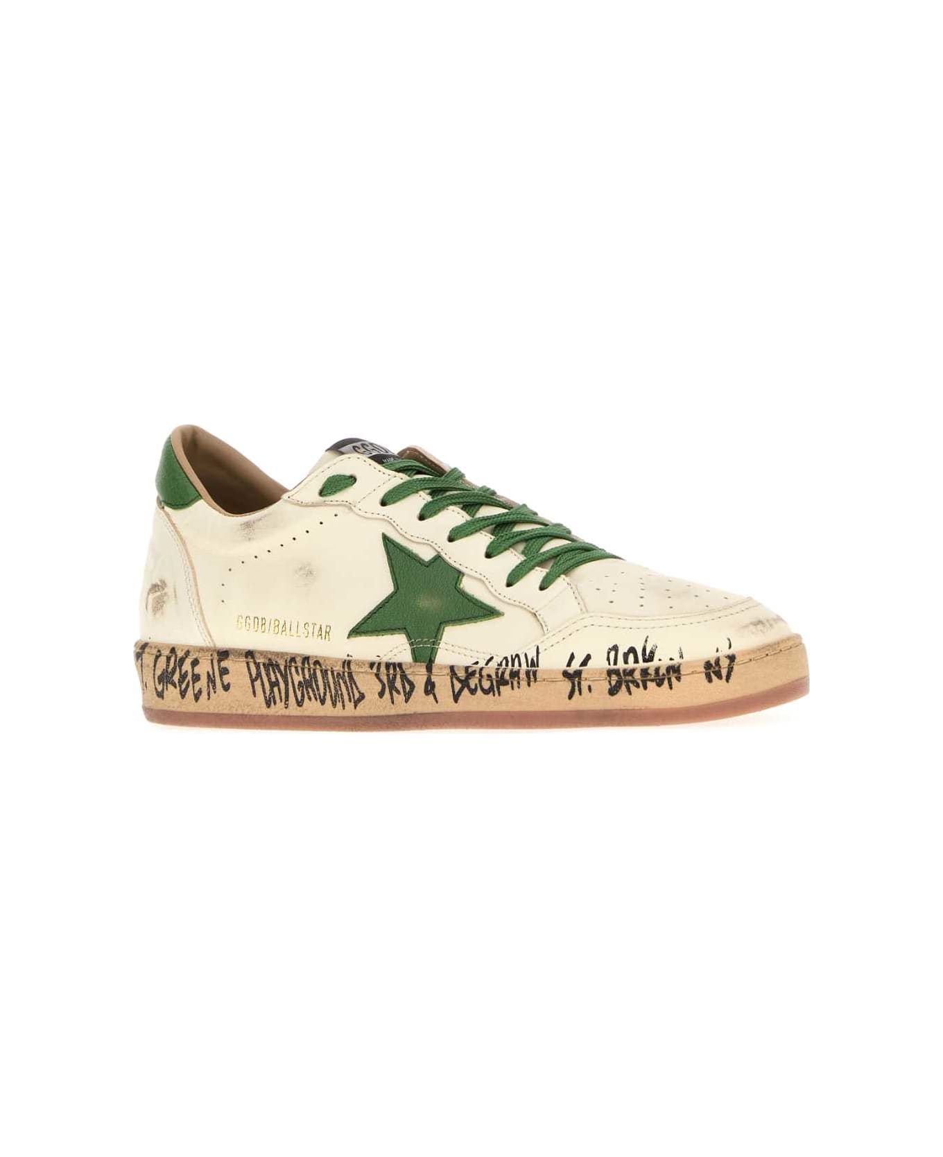 Golden Goose 
ball-star
 White Nappa Leather Sneakers With Green Star And Heel - White/Green