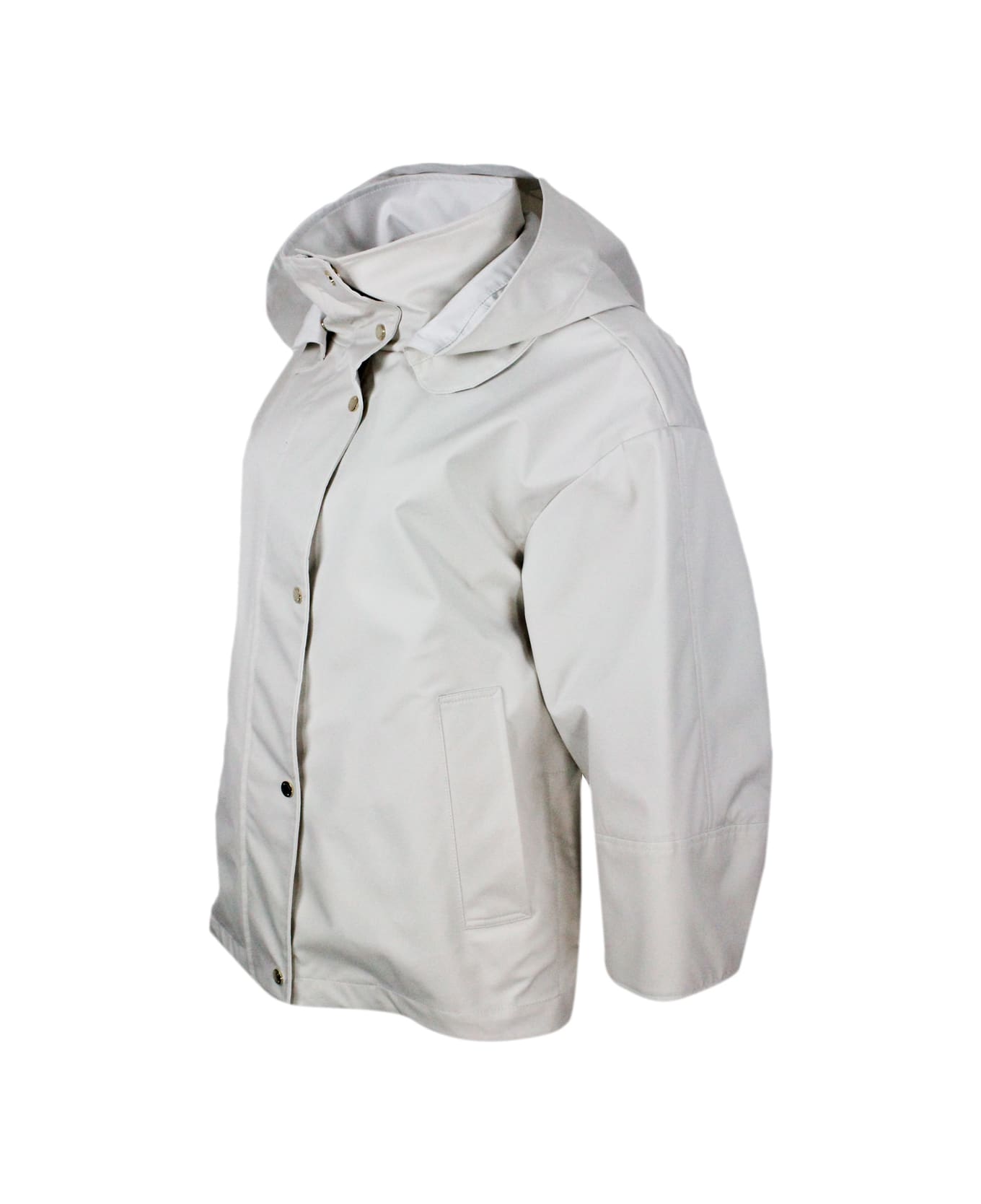 Moorer Jacket In Fine Waterproof Material 2 Umbrellas With Detachable Hood, Side Zips On The Sides And Internal Drawstring. Zip And Snap Button Closure - Avorio light bianco
