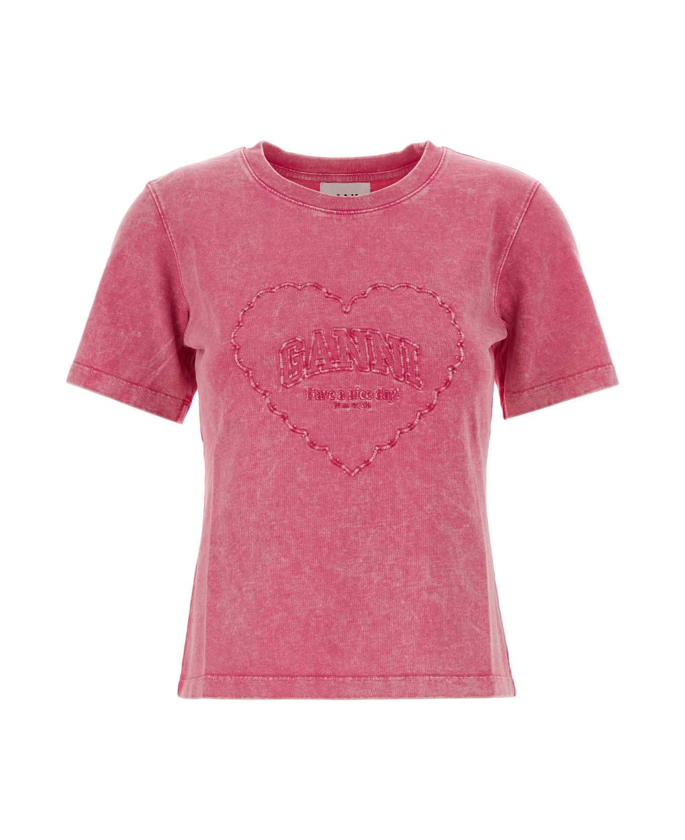 Ganni Pink Cotton T-shirt - HOTPINK