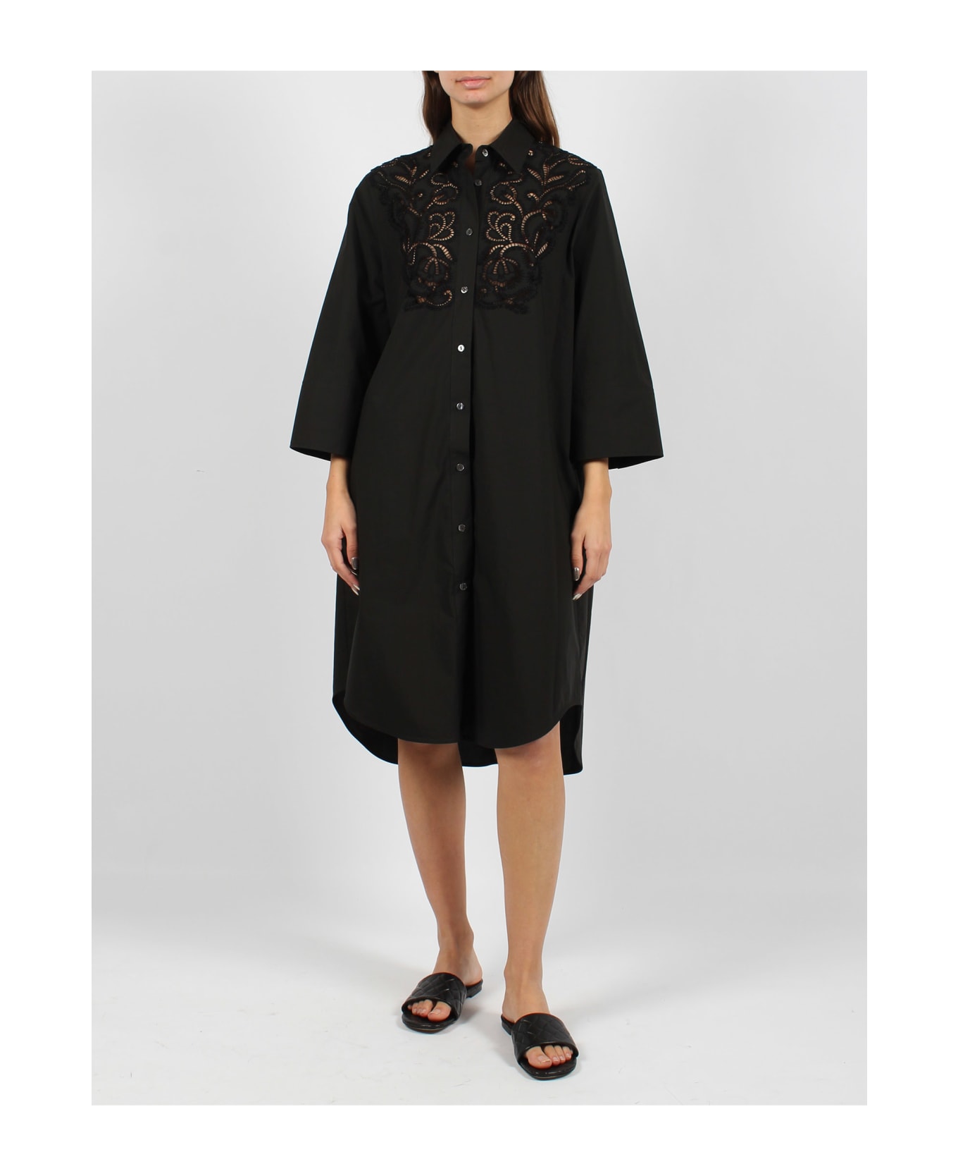 Parosh Canyox Lace Embroidery Shirt Dress - Black