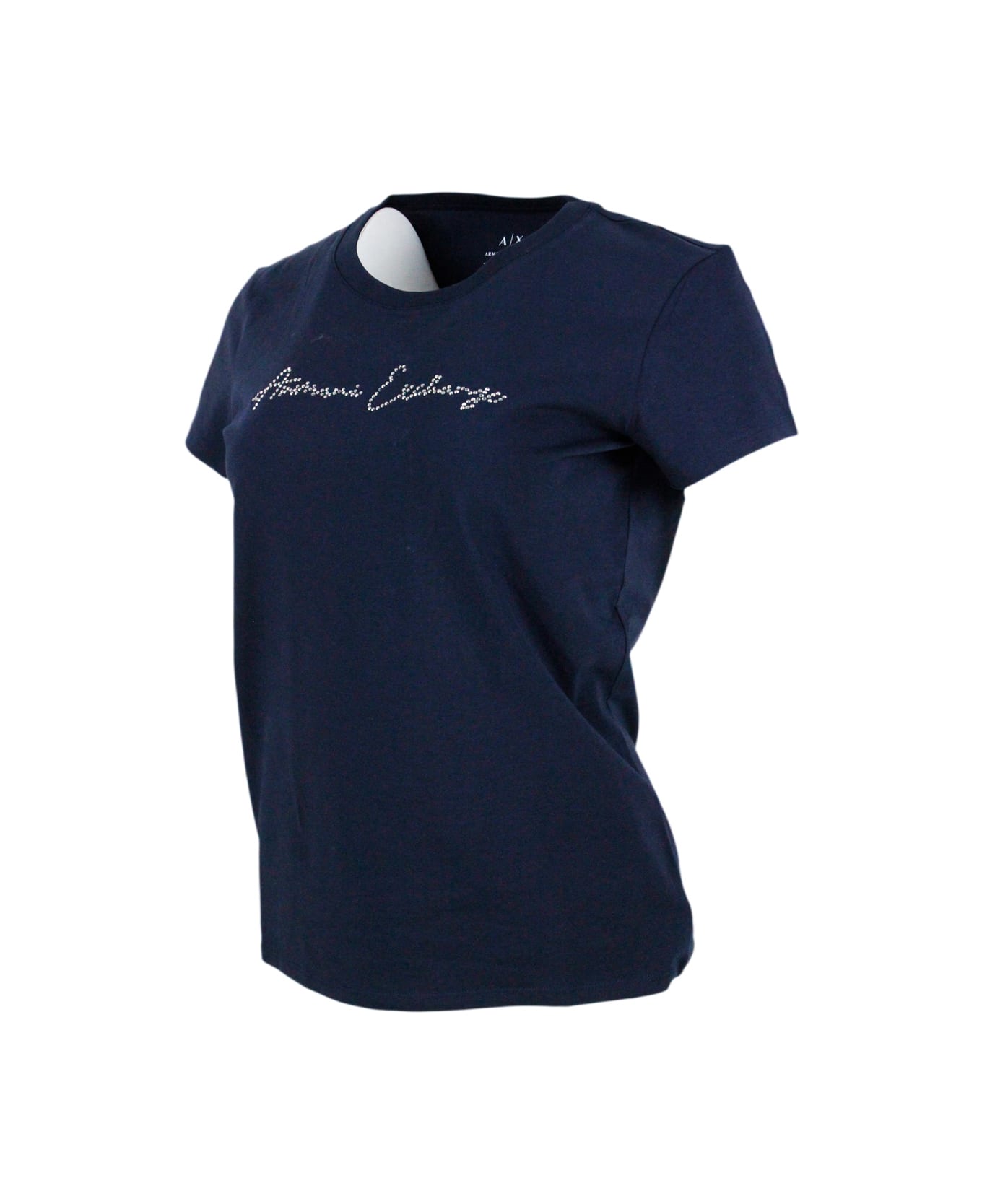 Armani Collezioni Short-sleeved Crew-neck T-shirt With Studded Logo On The Chest - Blu Tシャツ