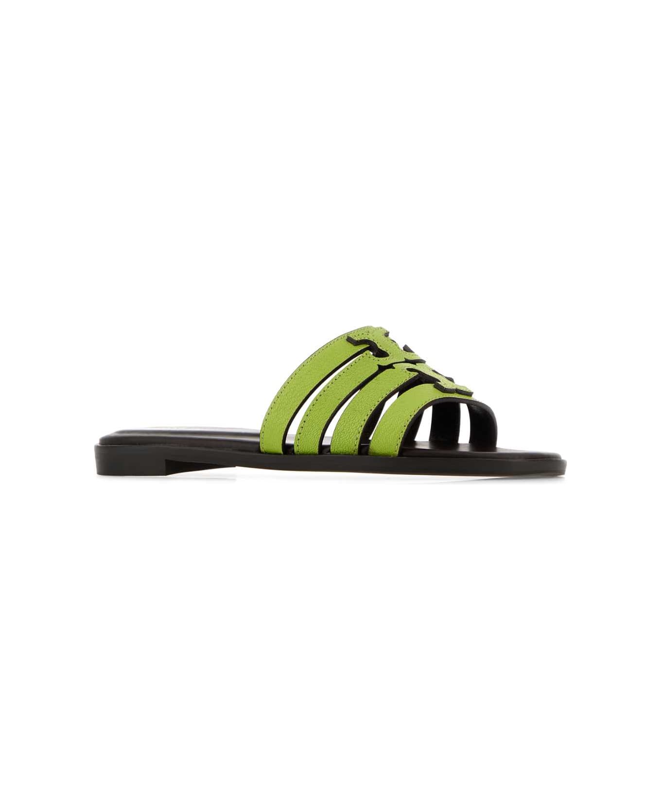Tory Burch Green Leather Ines Slippers - LIGHTCHARTREUSEDARKCOCOA