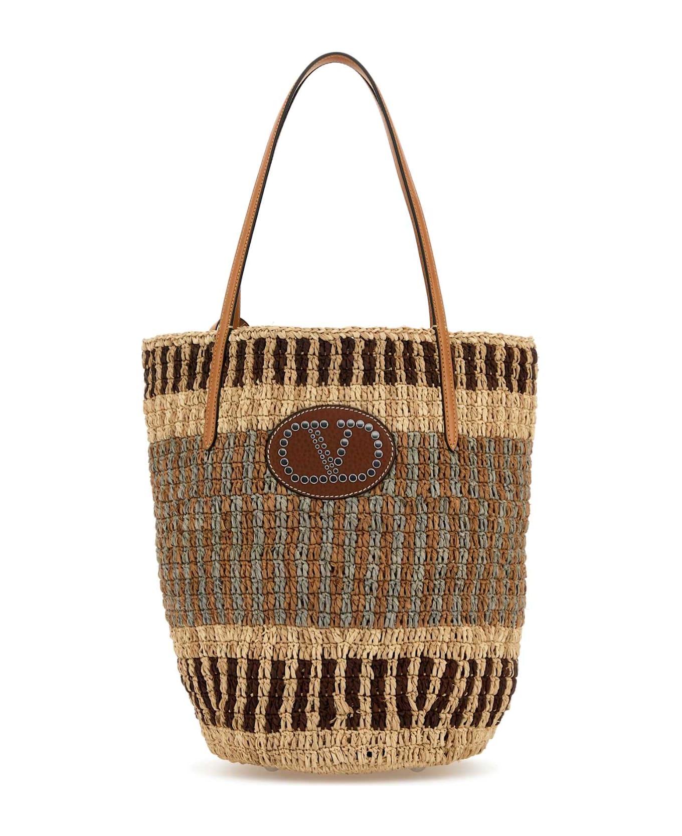 Valentino Garavani Embroidered Raffia Vlogo Signature Shopping Bag - MULTICOLORBEIGENATURALCAMELSELLERIA