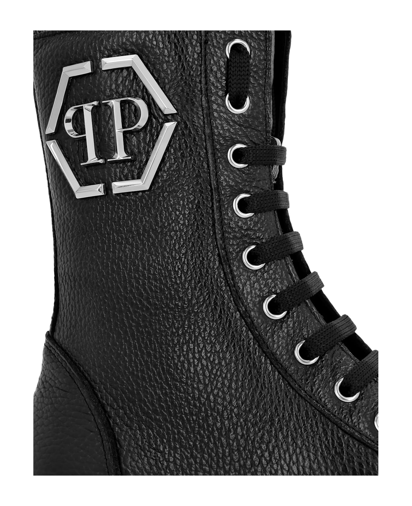 Philipp Plein Black Embossed Leather Boots Mid Flat - Black