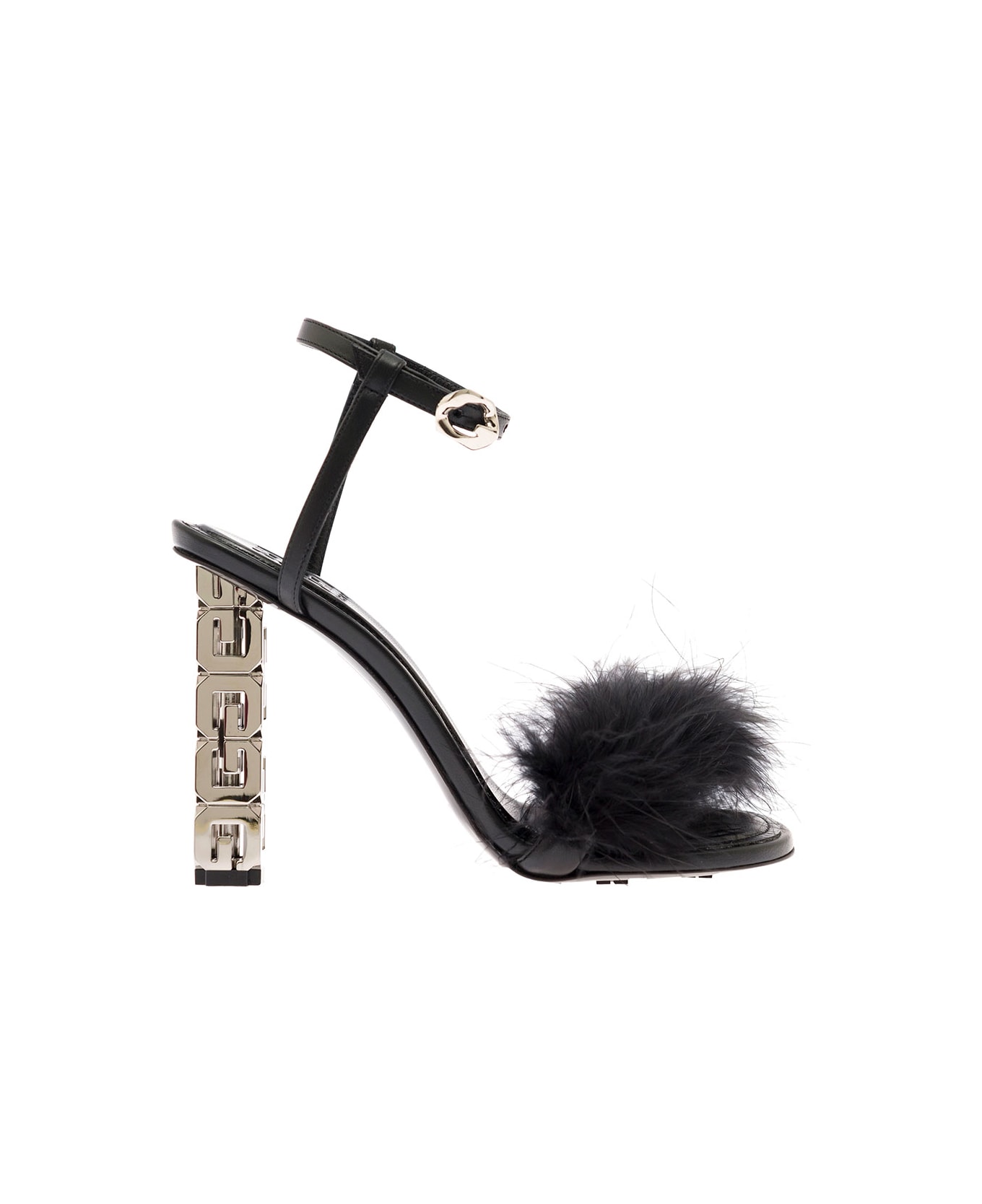 Givenchy 'g Cube' Black Sandals With Branded Heel And Tonal Feathers In Leather Woman - Nero