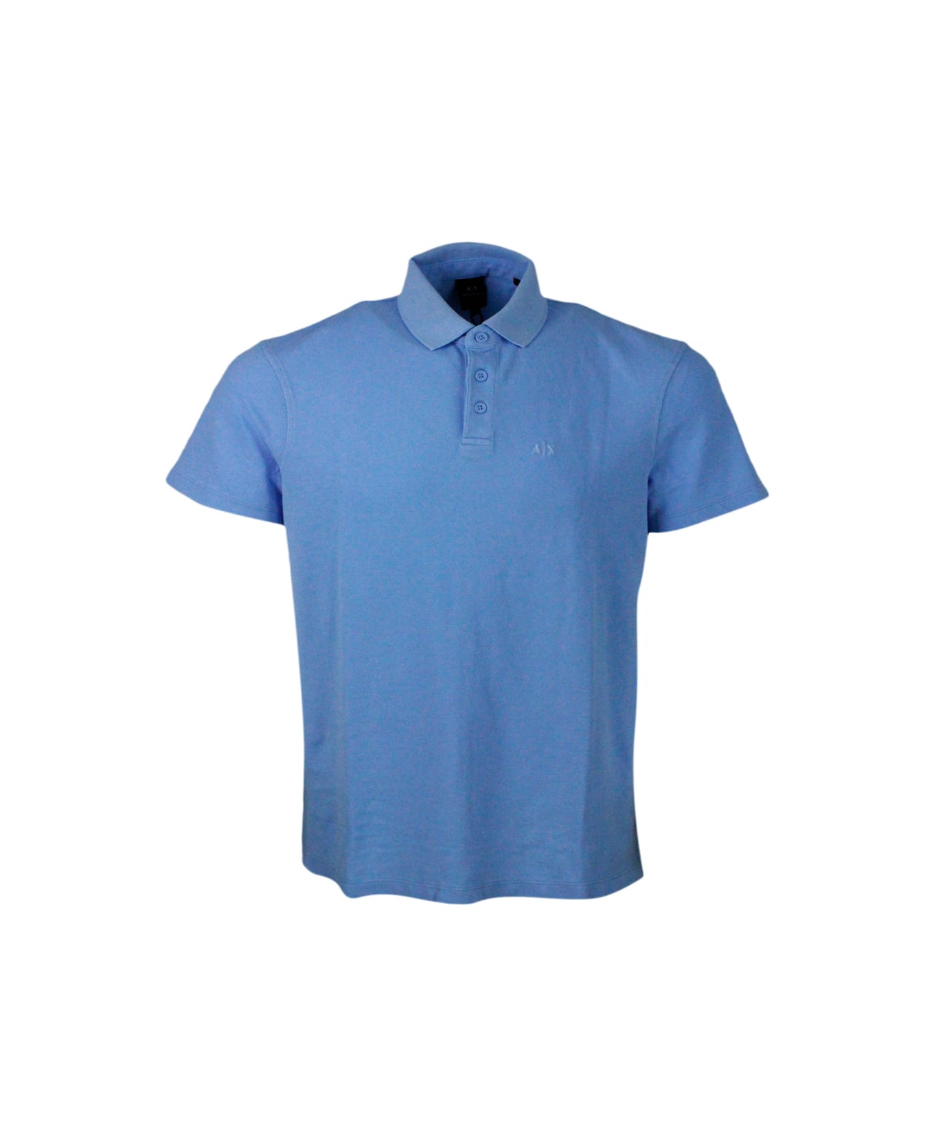 Armani Collezioni 3-button Short-sleeved Pique Cotton Polo Shirt With Logo Embroidered On The Chest - Light Blu ポロシャツ