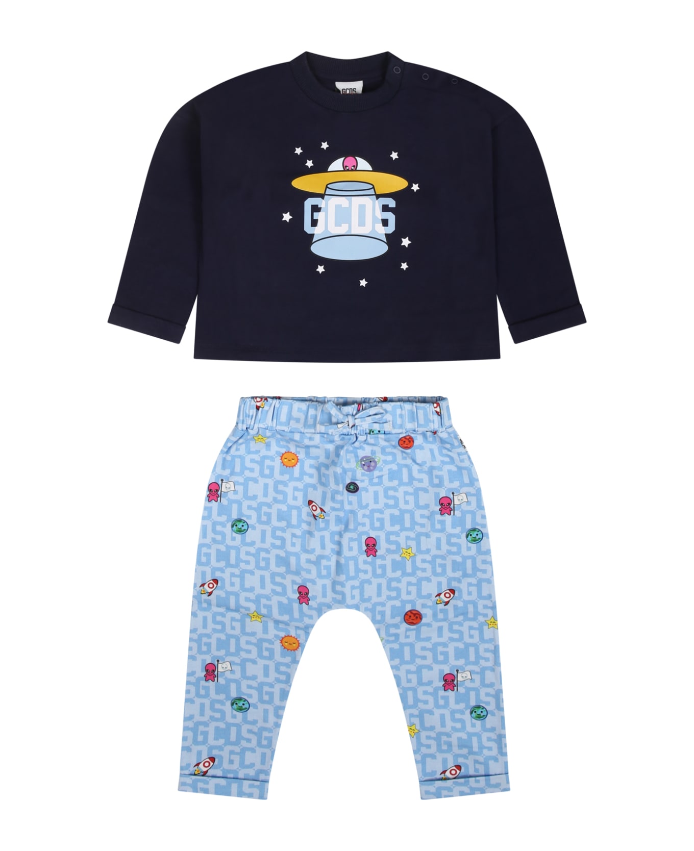 GCDS Mini Blue Pajamas For Baby Boy With Alien Print And Logo - Blue