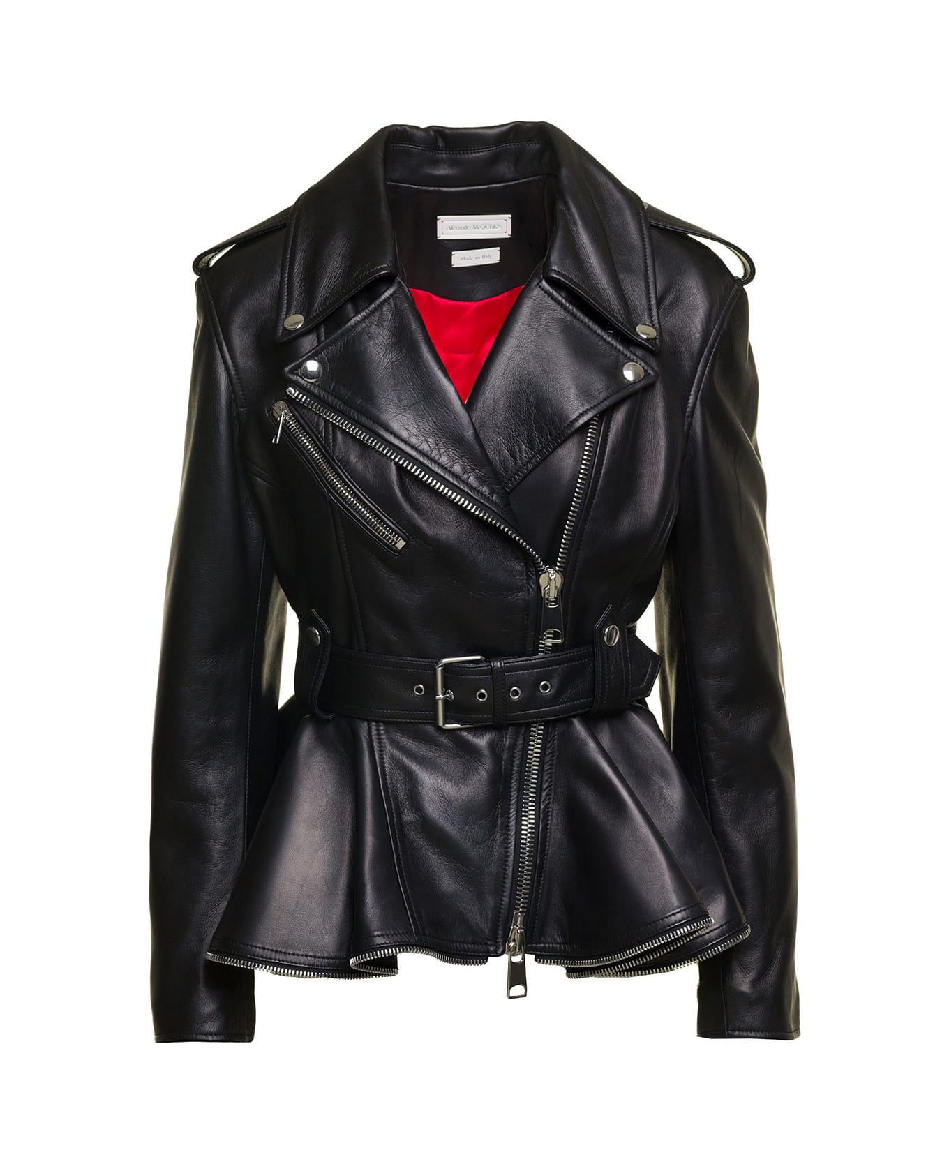 Alexander McQueen Black Biker Jacket With Peplum Hem And Belt In Smooth Leather Woman - Black