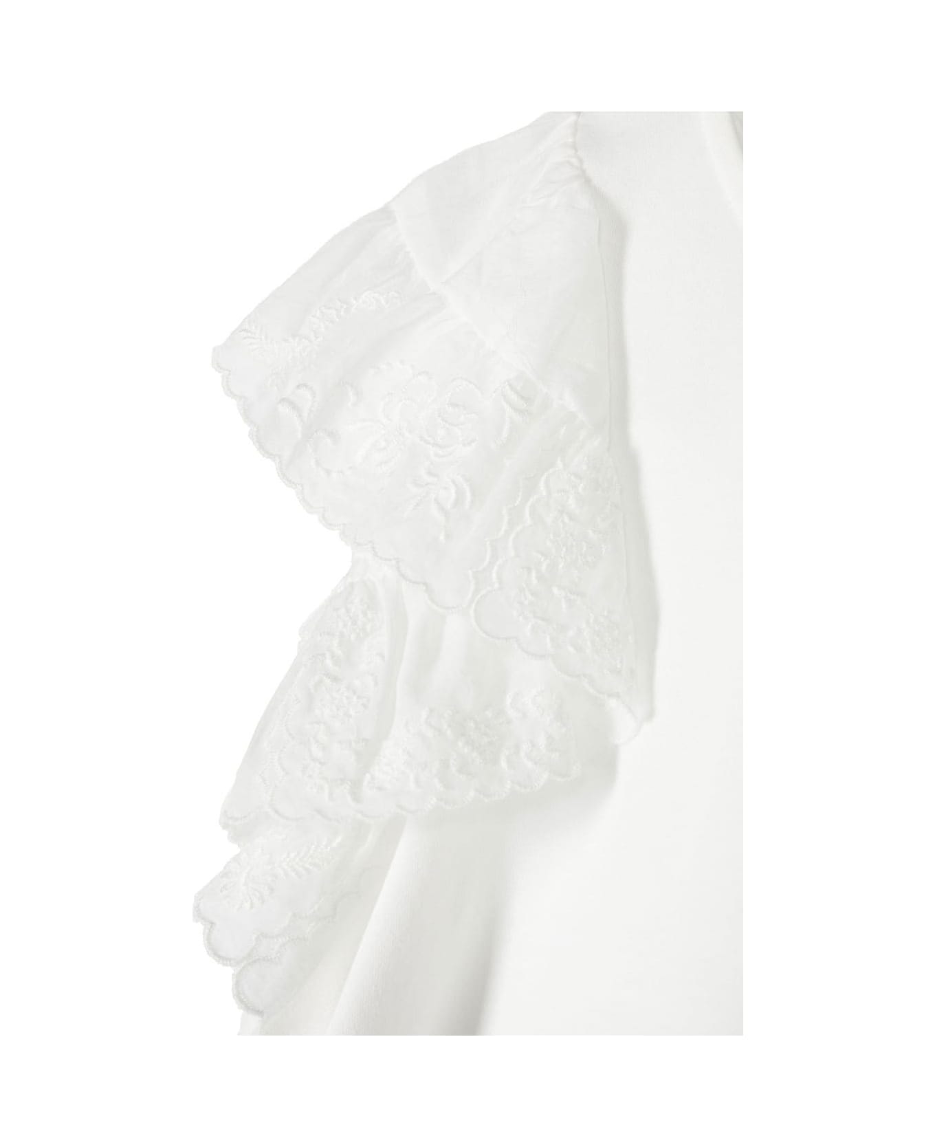 Chloé White Crewneck Top With Lace Ruched Detailing In Cotton Girl - White トップス