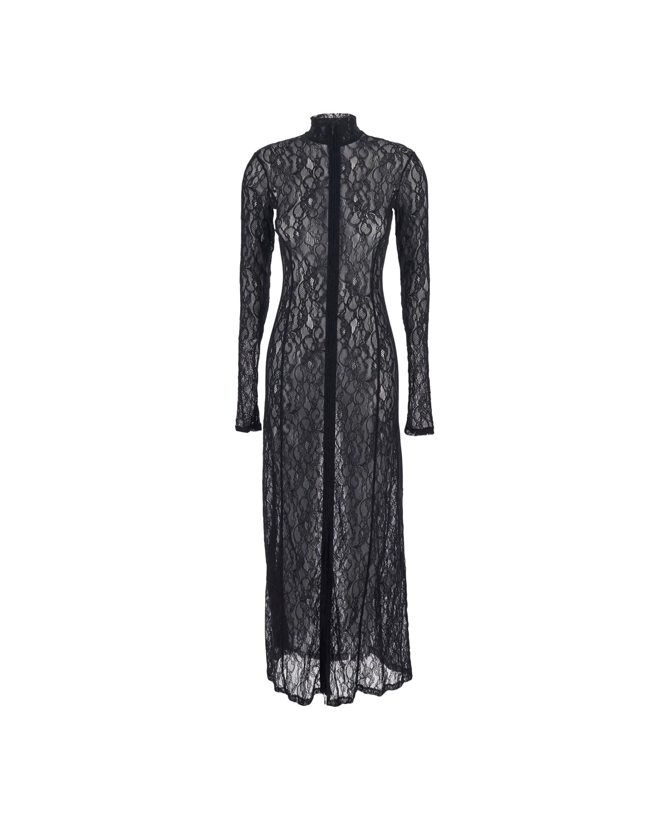 MSGM Black Long Dress With High Neck And Semi-sheer Design With Embroidery In Fabric Woman - Black
