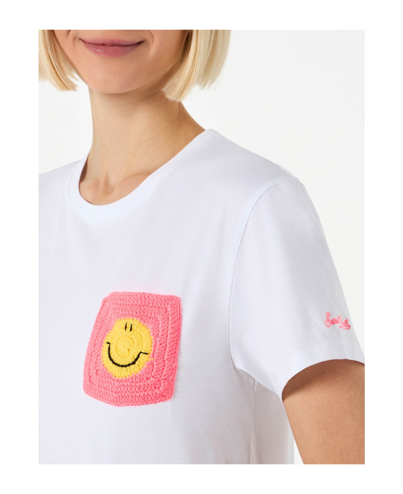 MC2 Saint Barth Woman Cotton T-shirt With Smile Crochet Pocket - WHITE