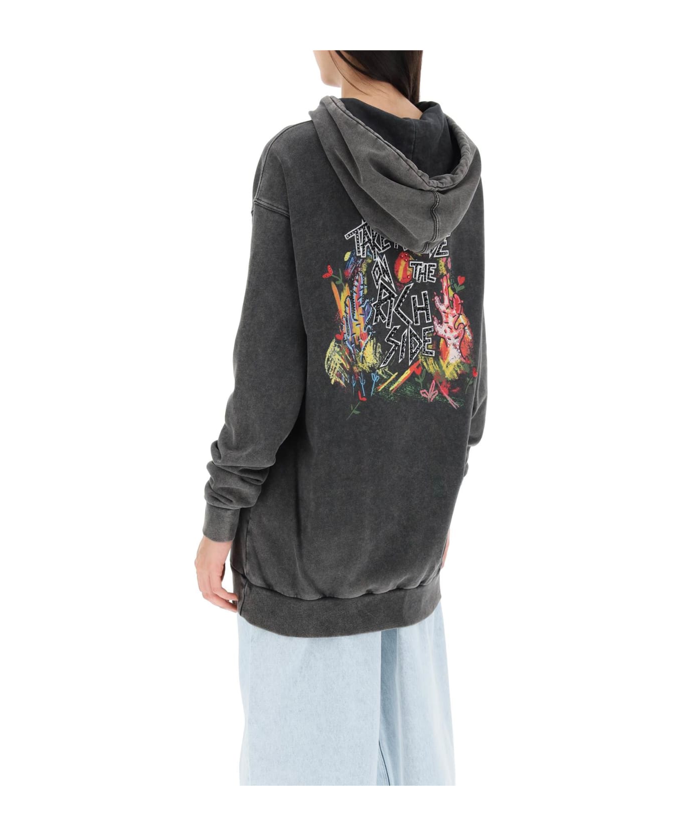 Alessandra Rich Oversized Hoodie With Print And Rhinestones - GREY (Grey)