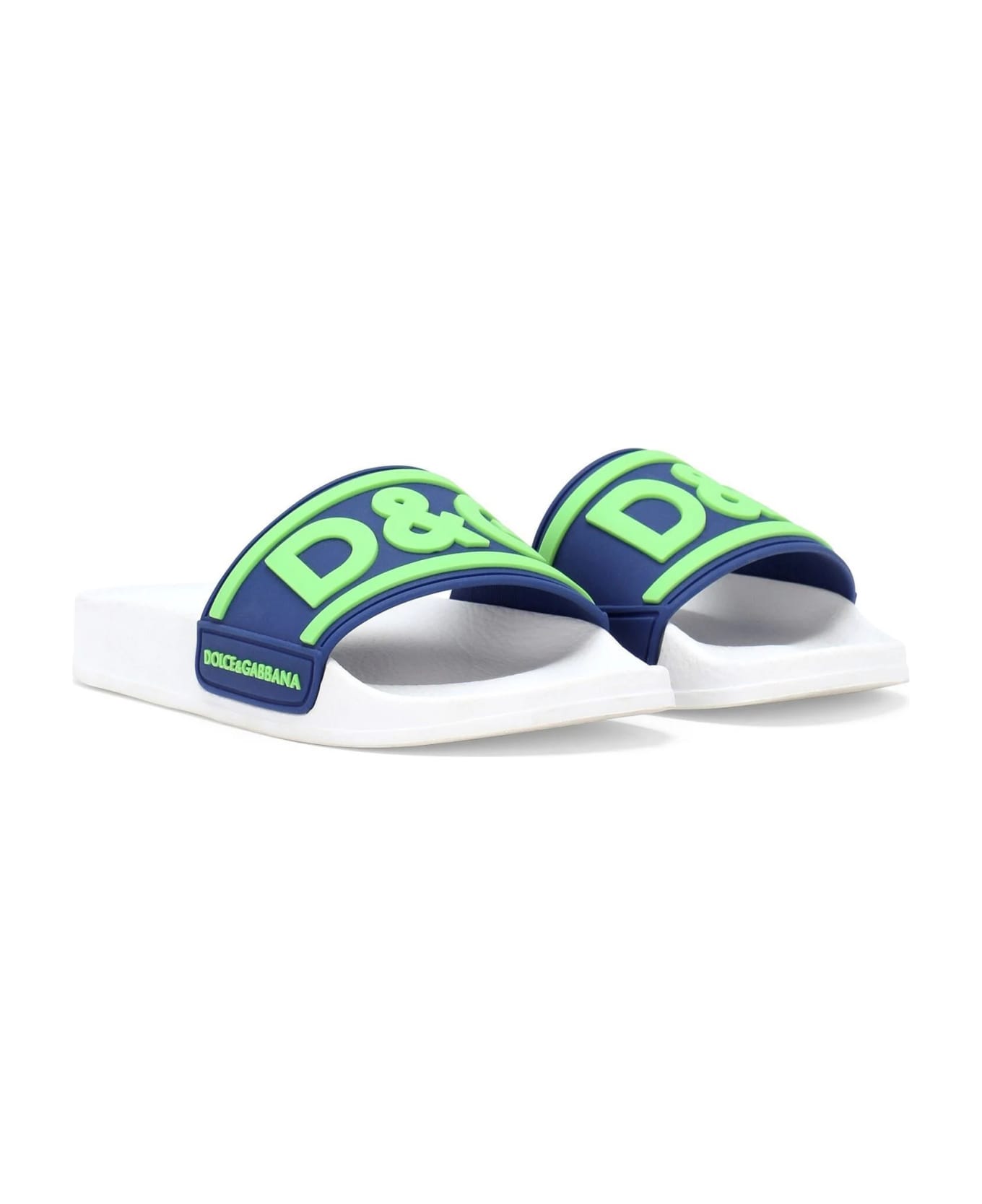 Dolce & Gabbana Blue And White Slippers With Fluo D&g Logo - Blue