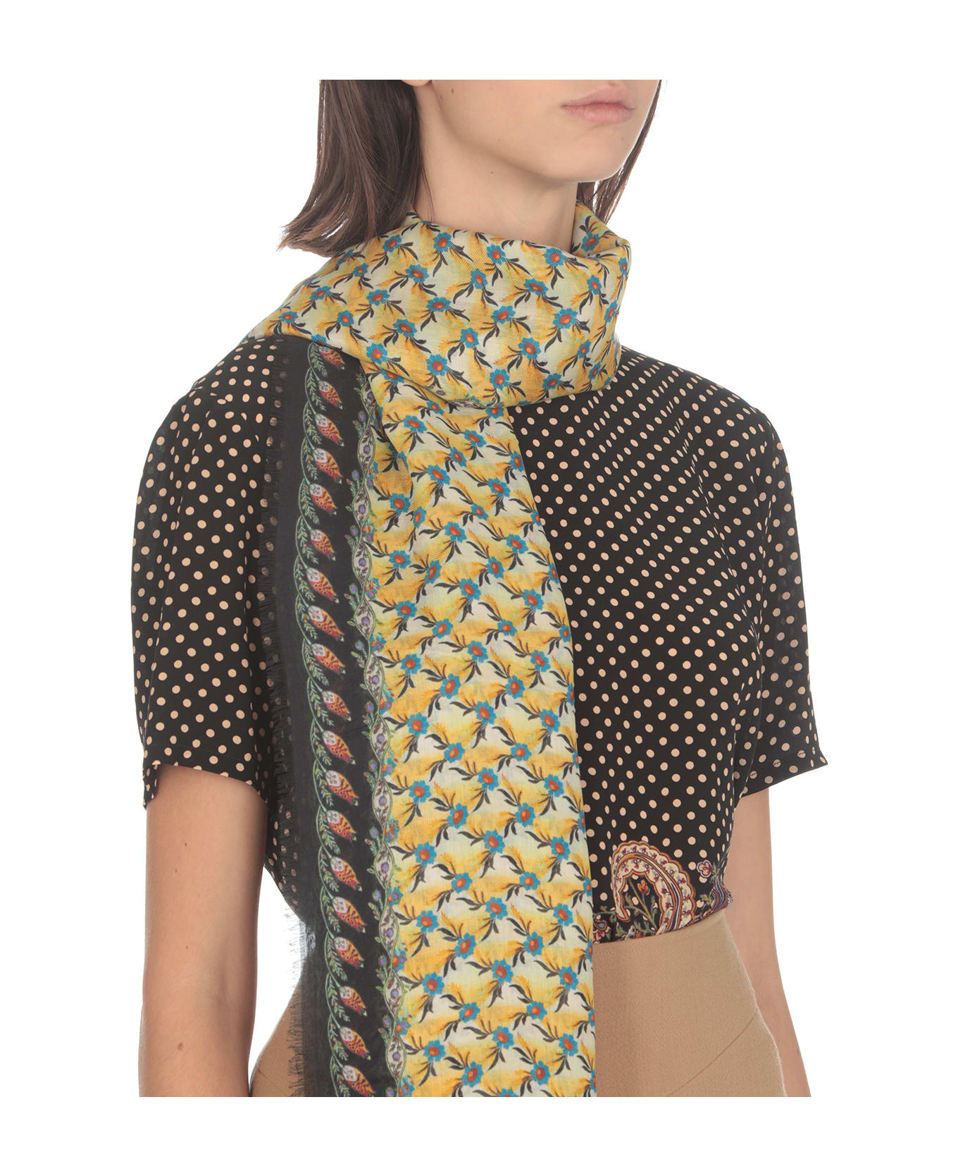 Etro Yellow Shawl With Floral Print And Beading - MultiColour スカーフ＆ストール