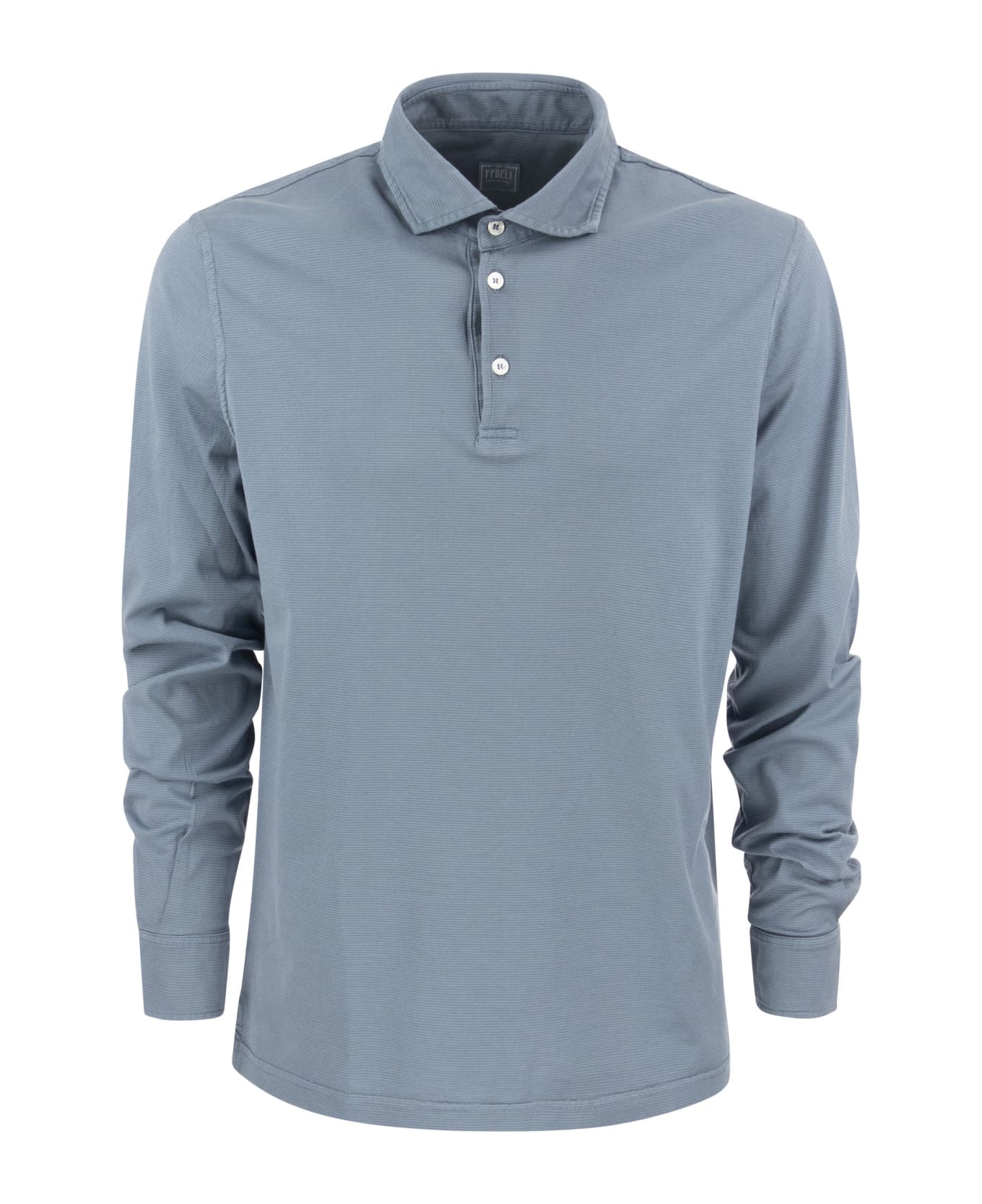 Fedeli Long-sleeved Cotton Polo Shirt - Avio Blue