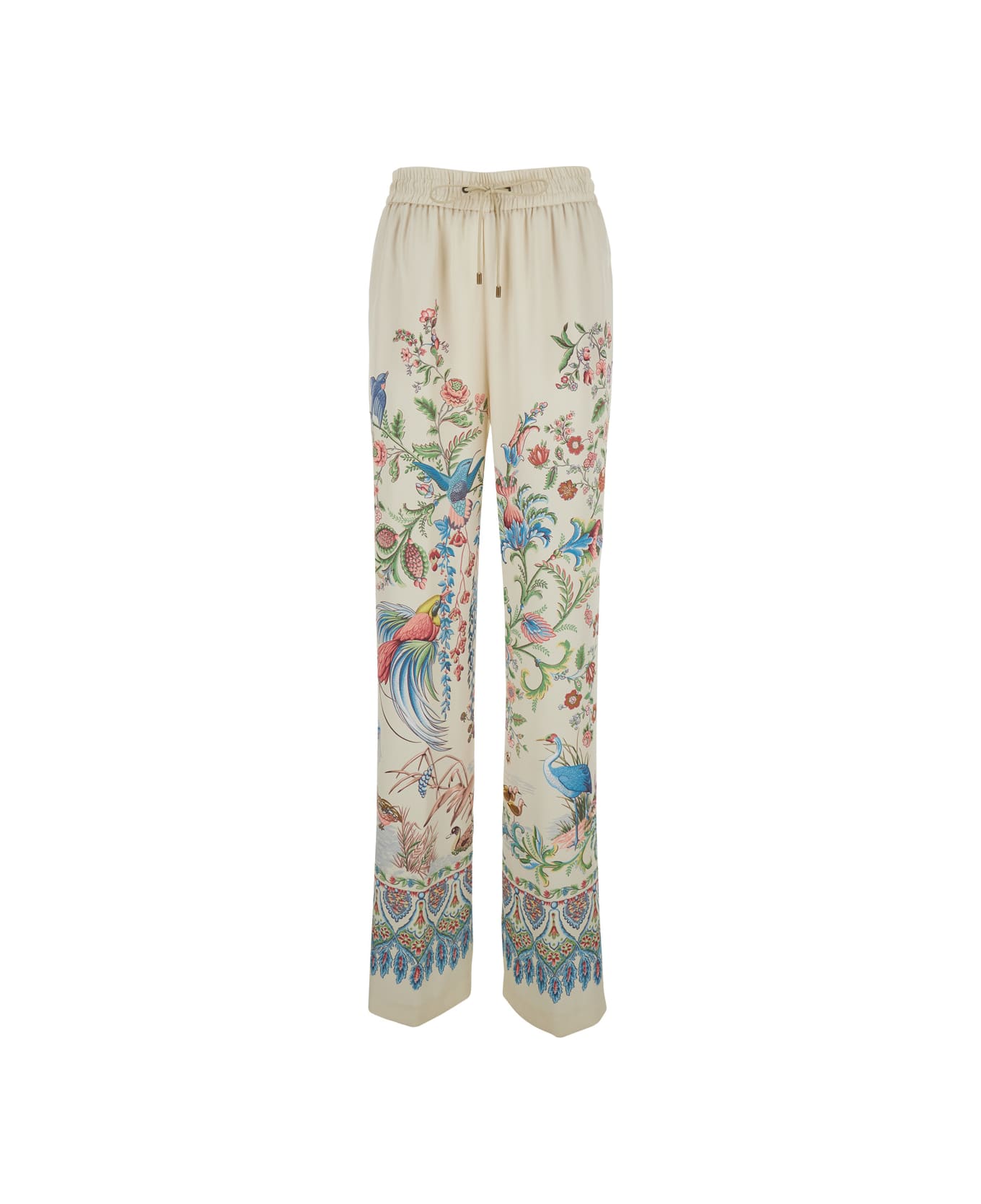 Etro White Pants With Elastic Drawstring Waist And All-over Floral Print In Tech Fabric Woman - White