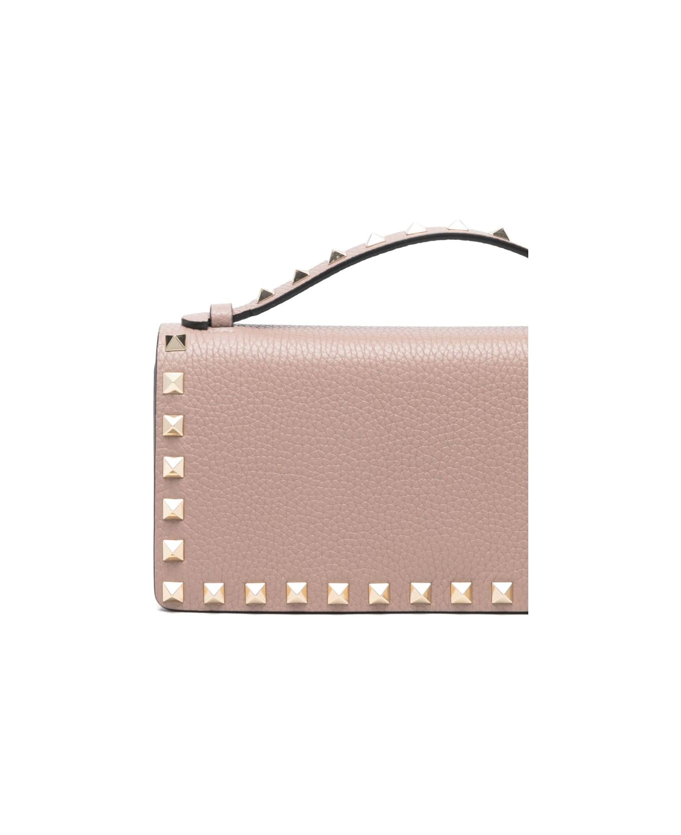 Valentino Garavani Rockstud Leather Wallet On Chain - Powder