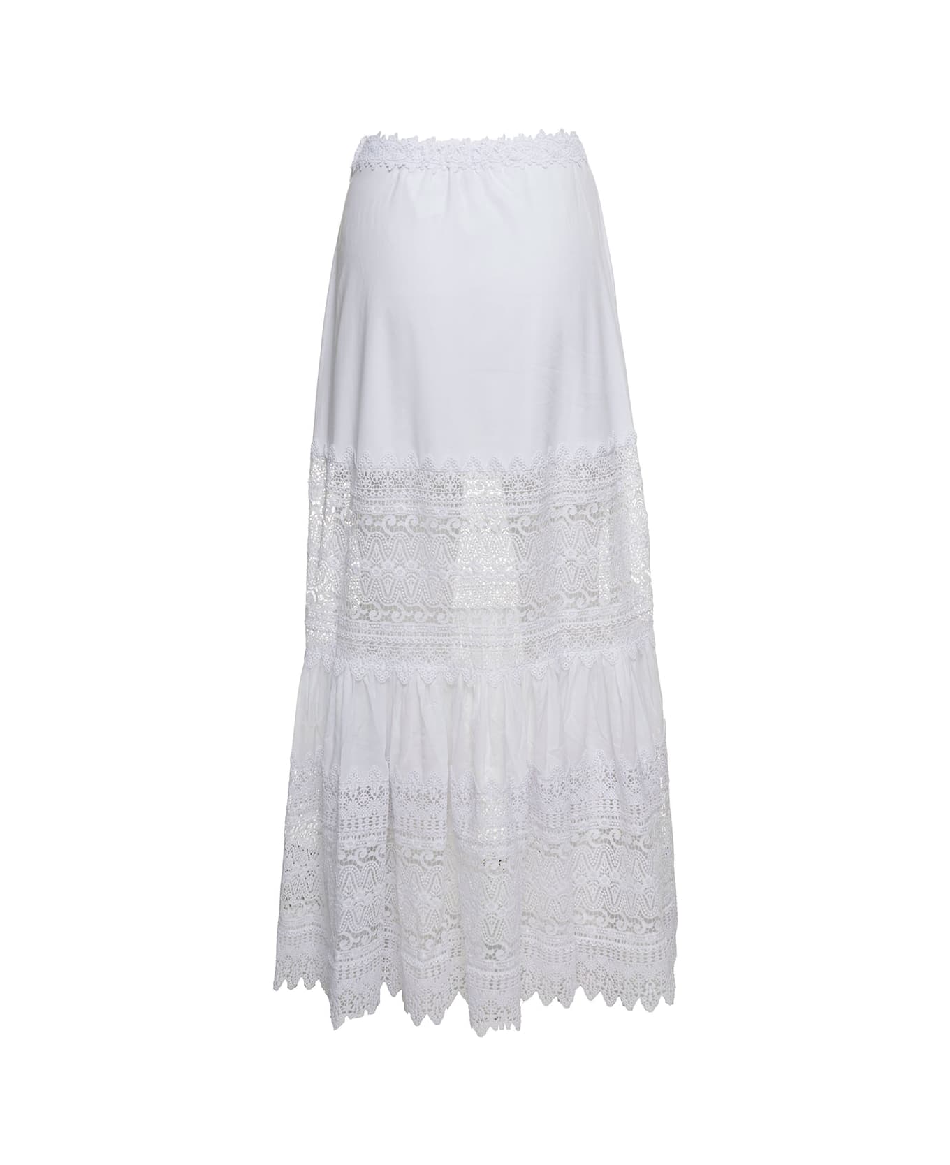 Charo Ruiz 'viola' White Flounced Skirt With Lace Inserts In Cotton Blend Woman - White