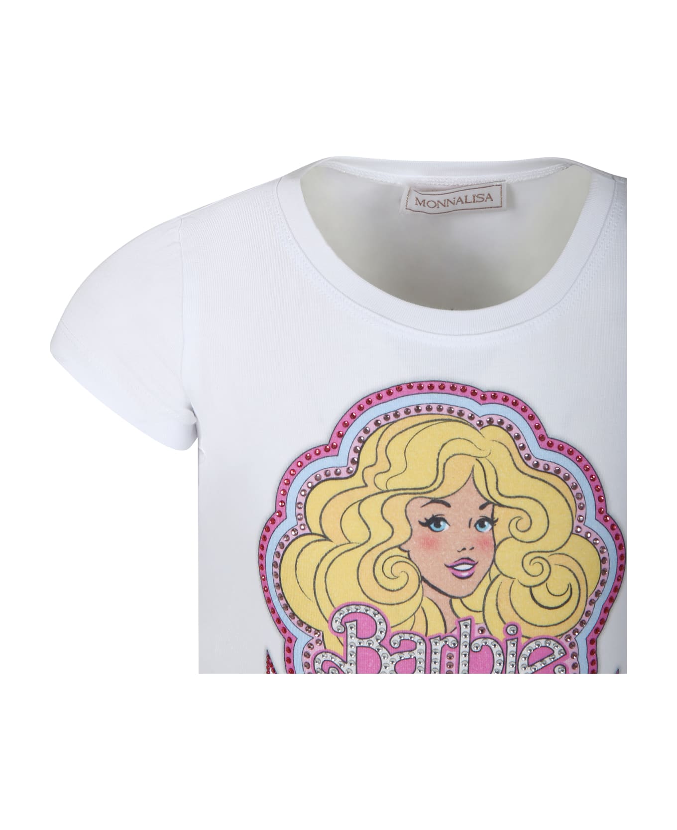 Monnalisa White Crop T-shirt For Girl With Barbie Print And Rhinestone - White Tシャツ＆ポロシャツ