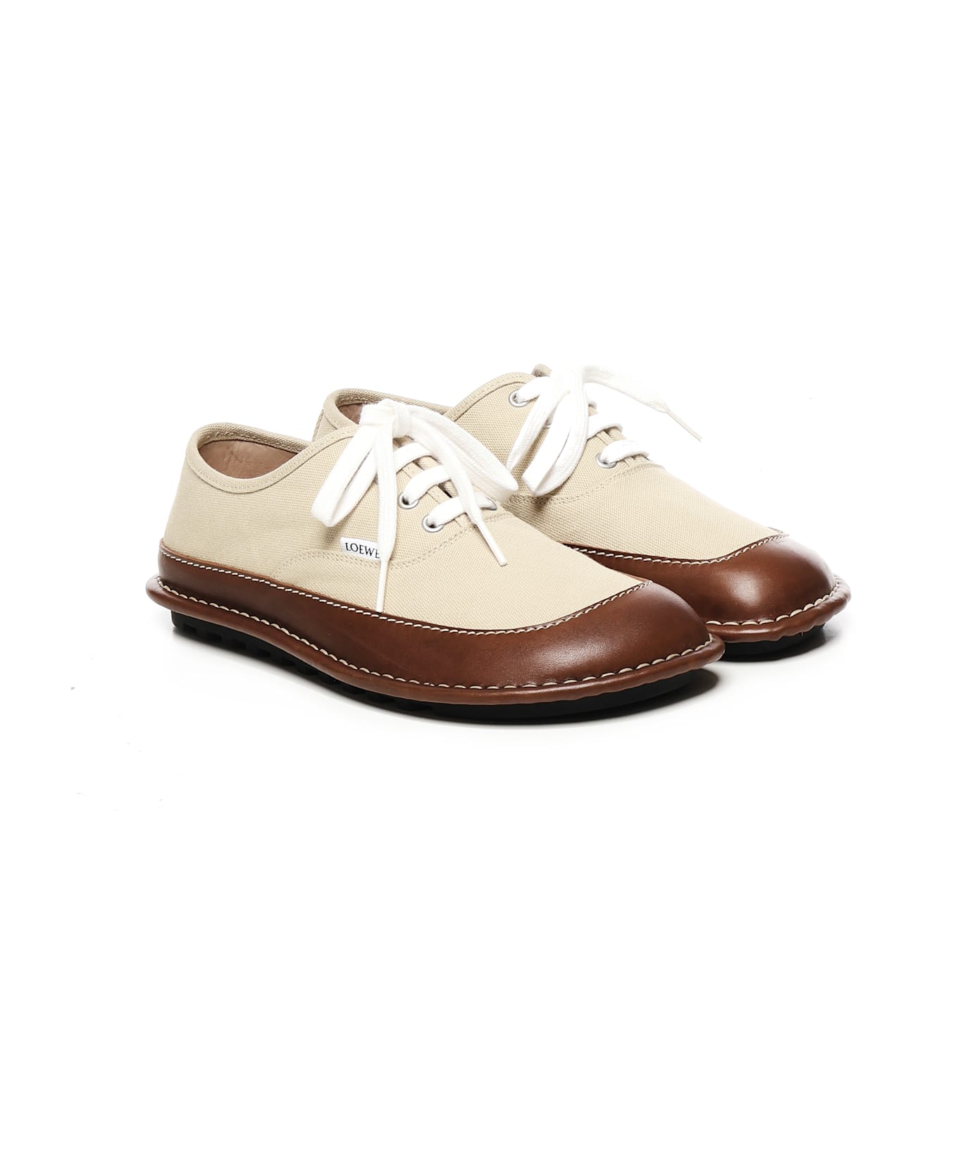 Loewe Bay Canvas And Calfskin Lace-up Shoes - Beige/brown