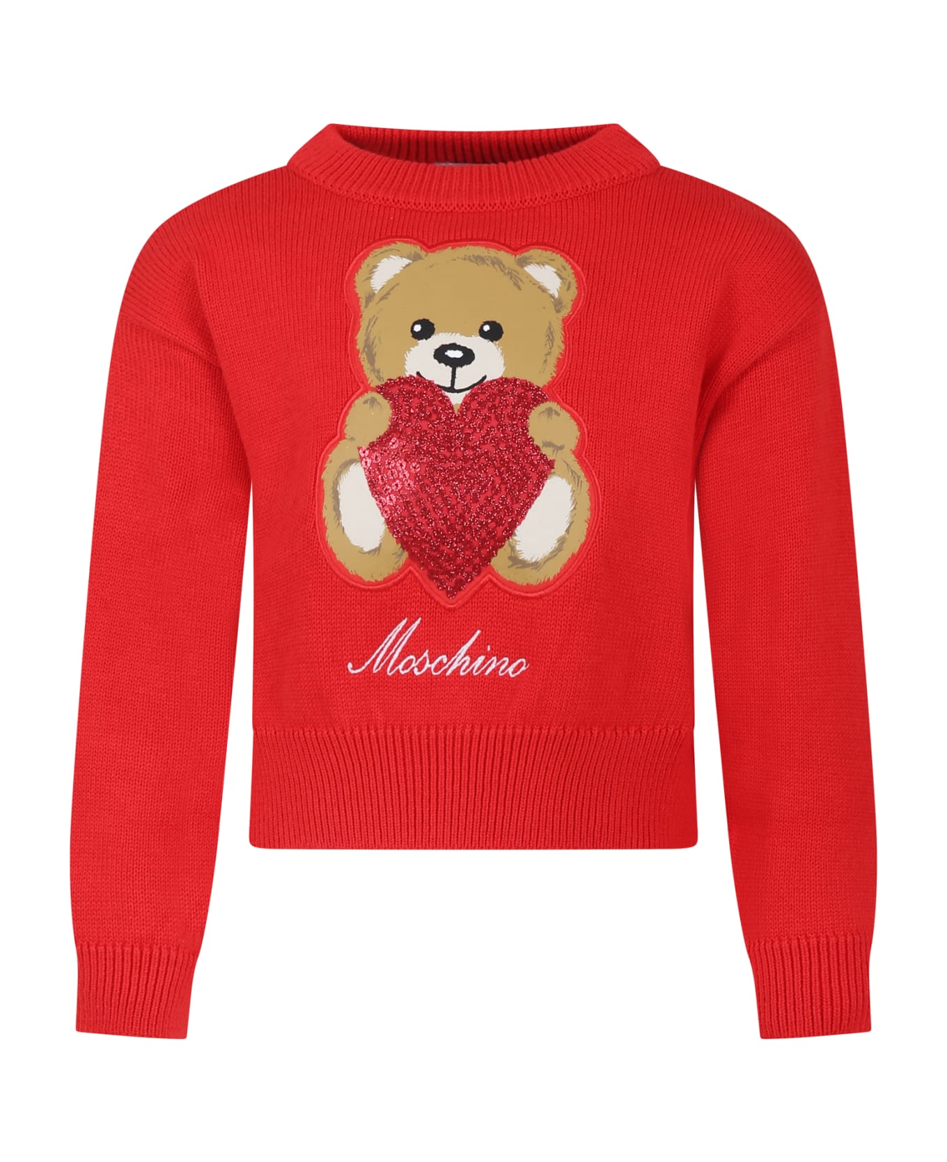 Moschino Red Sweater For Girl With Teddy Bear And Heart - Red