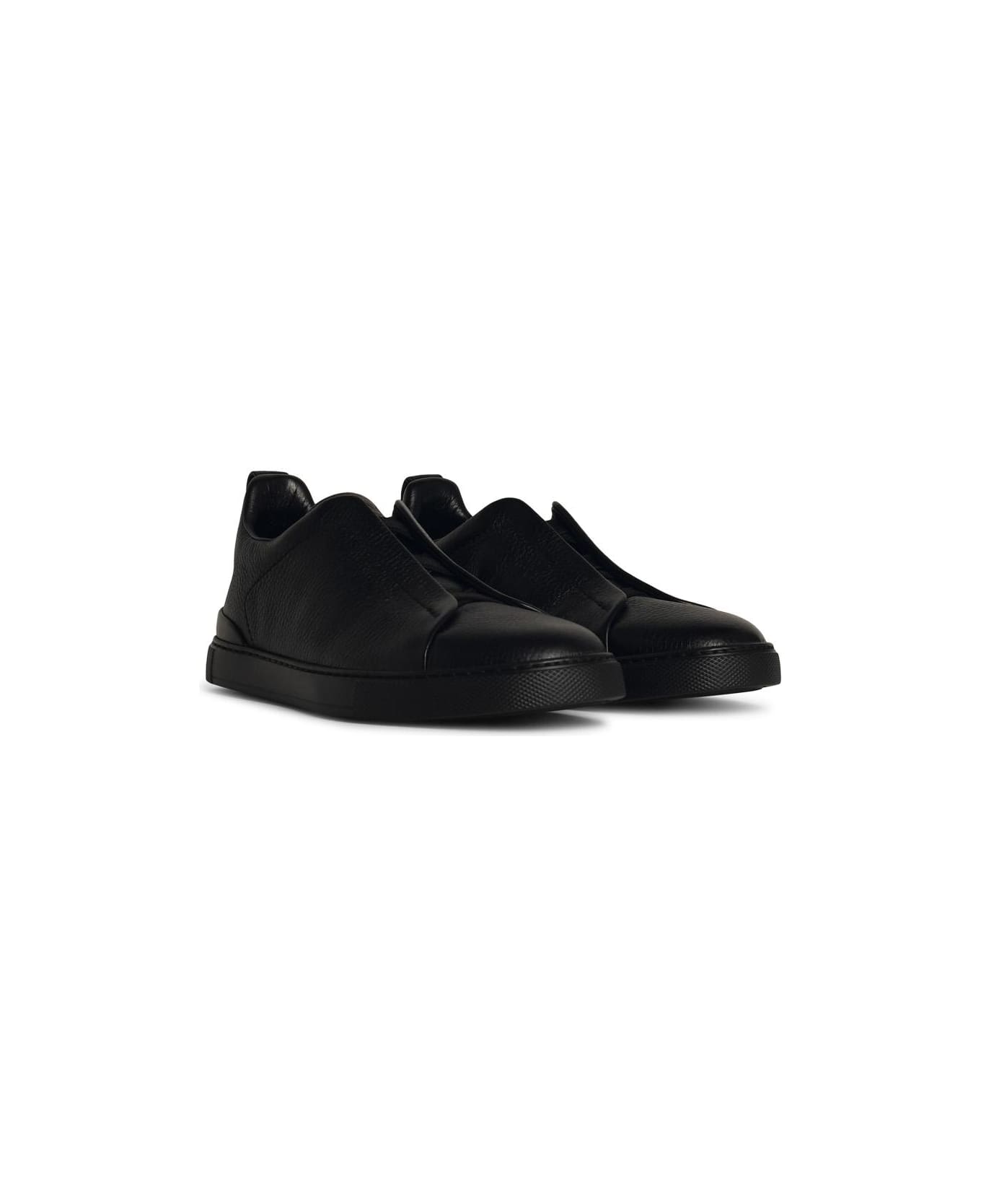 Zegna 'triple Stitch' Black Leather Sneakers - Black