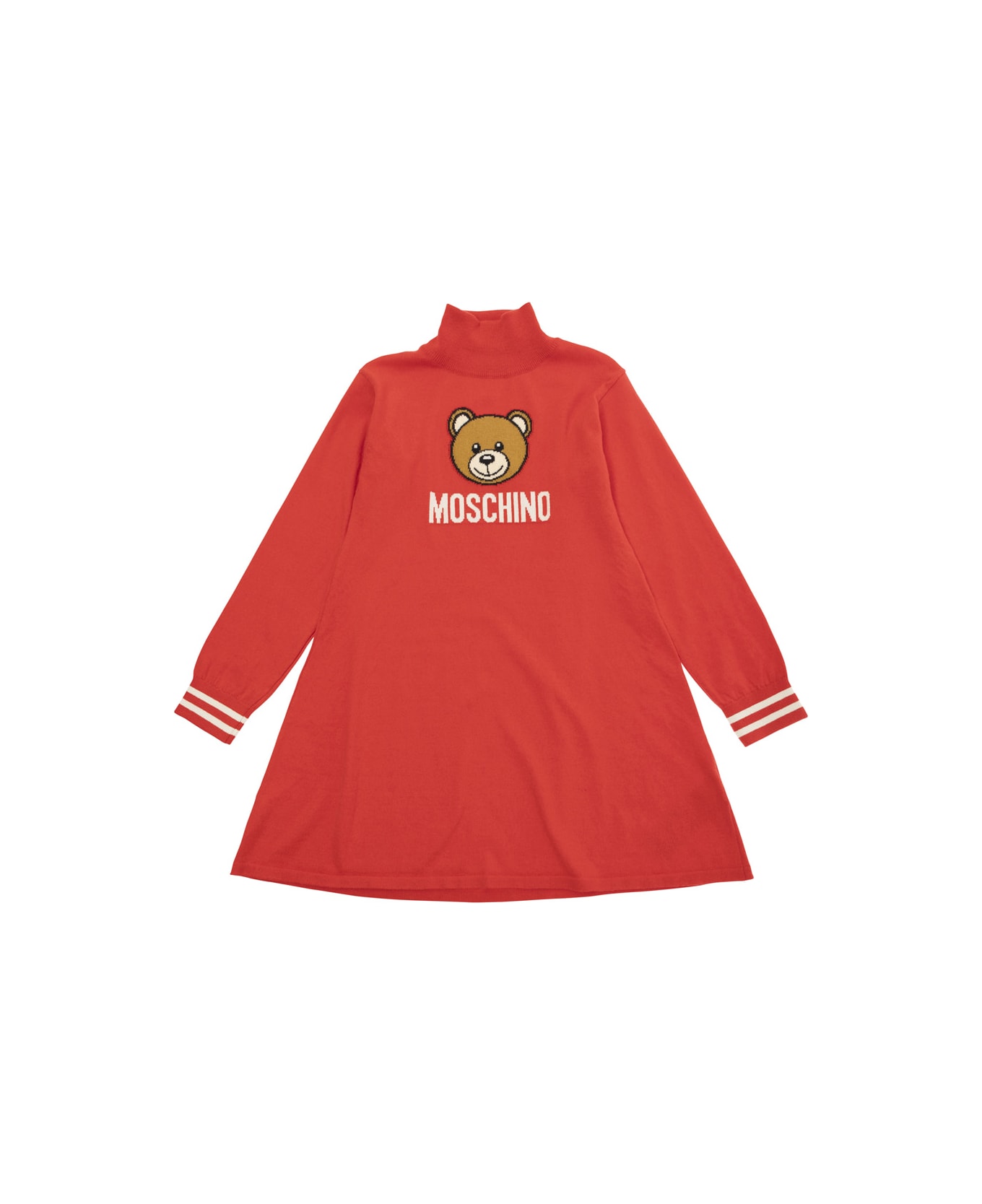 Moschino Red High Neck Dress With Teddy Print In Cotton And Wool Girl - Red