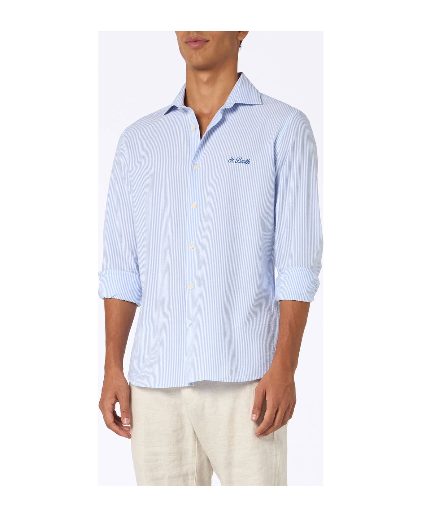 MC2 Saint Barth Man Seersucker Cotton Shirt Pamplona With Light Blue Stripes - SKY