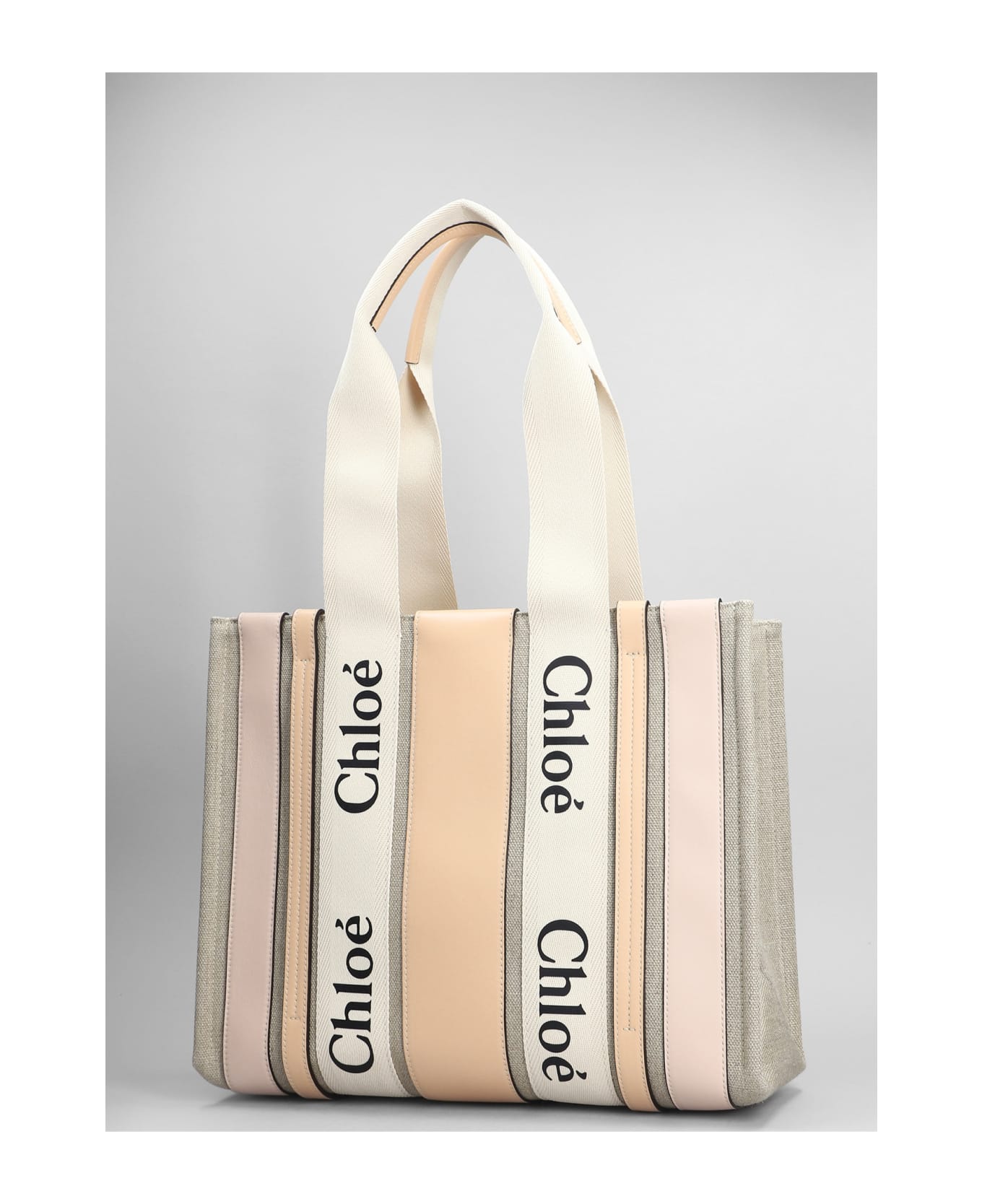 Chloé Woody Tote In Beige Leather And Fabric - beige