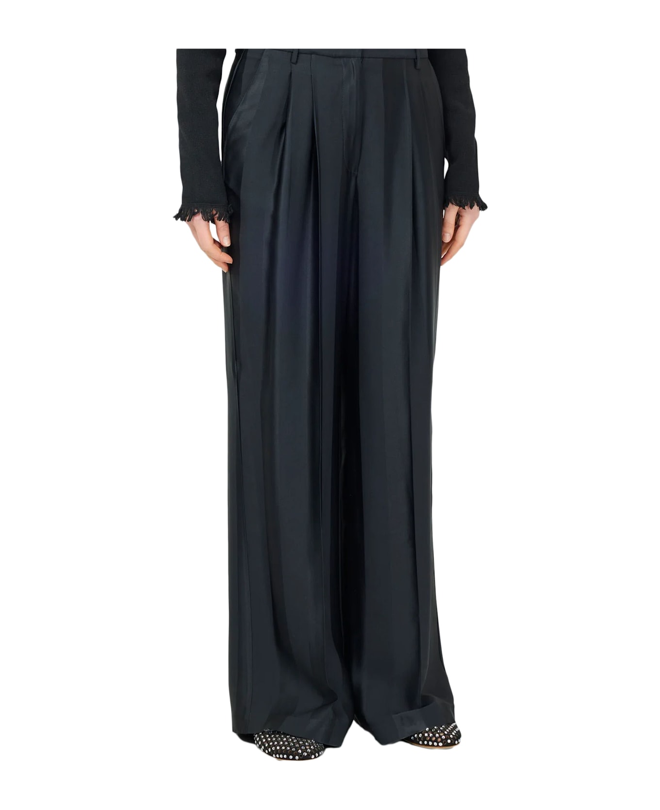 SEMICOUTURE Barré Envers Satin Cady Palazzo Trousers - Black