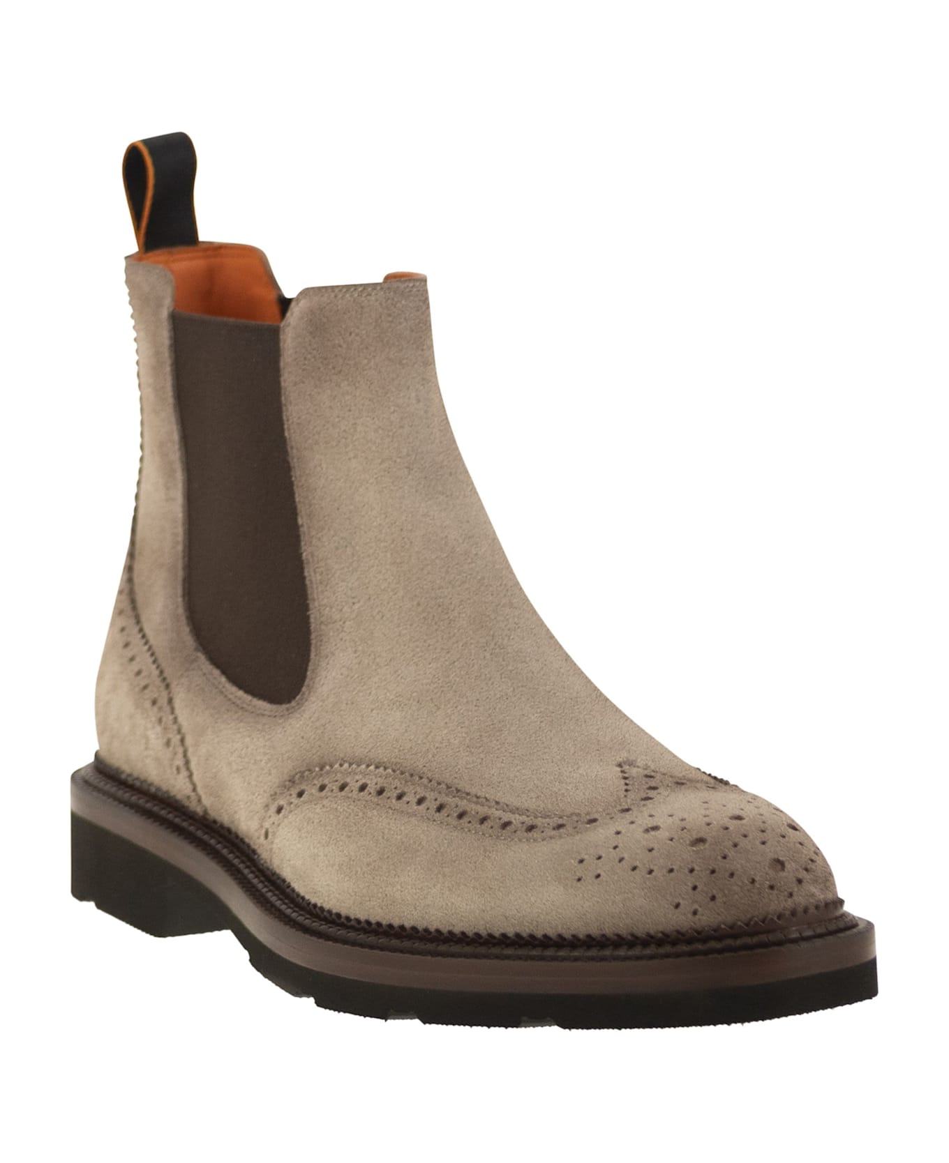 Santoni Chelsea Brogue Suede Ankle Boot - Beige