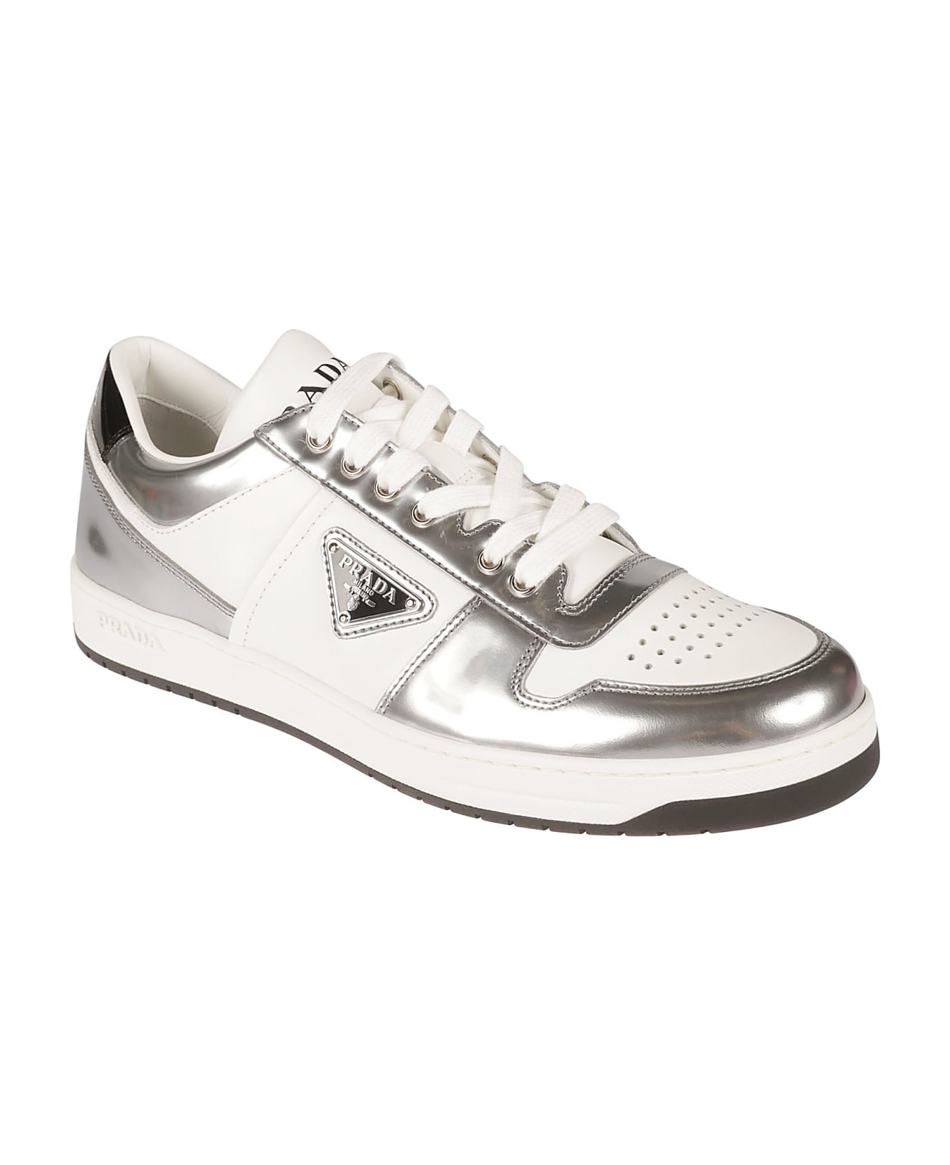 Prada Logo Sided Paneled Sneakers - White/Silver