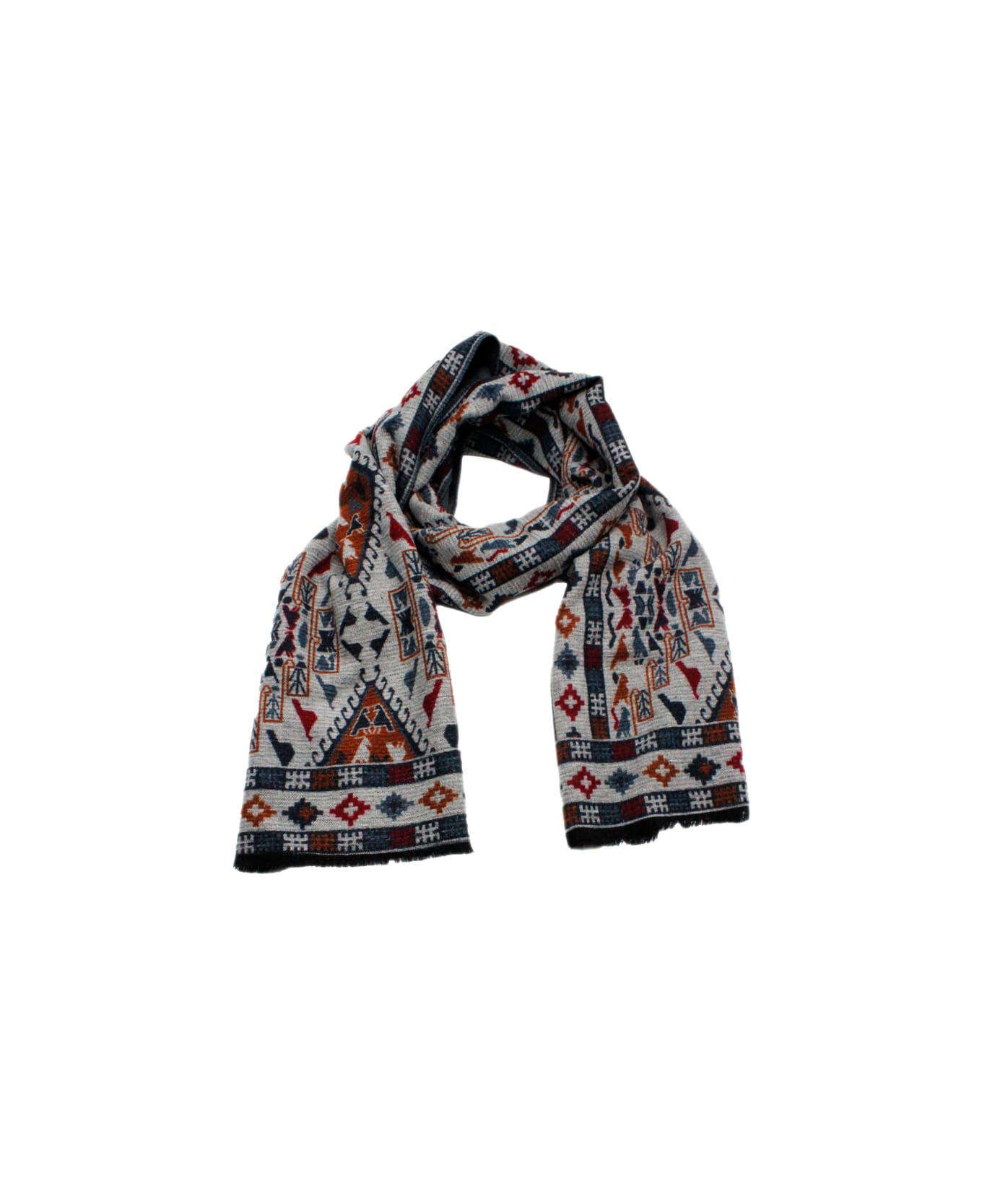 Kiton Light Scarf With Small Fringes At The Bottom With A Patterned Motif - Grey