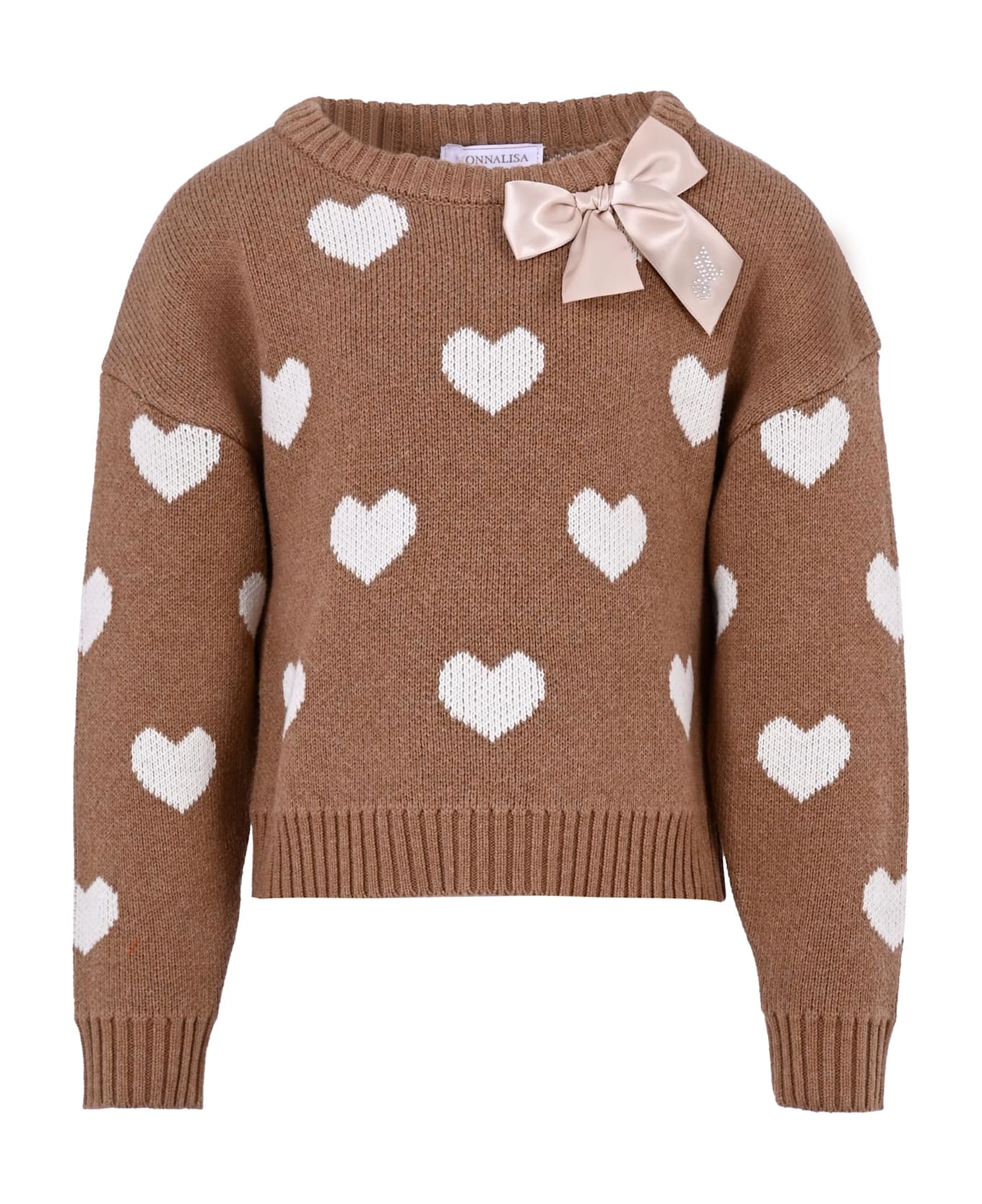 Monnalisa Brown Sweater For Girl With Hearts - Brown