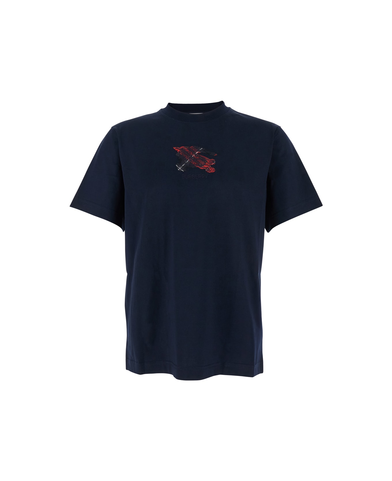 Burberry Blue Crewneck T-shirt With Ekd Embroidery On The Front In Cotton Man - Blu