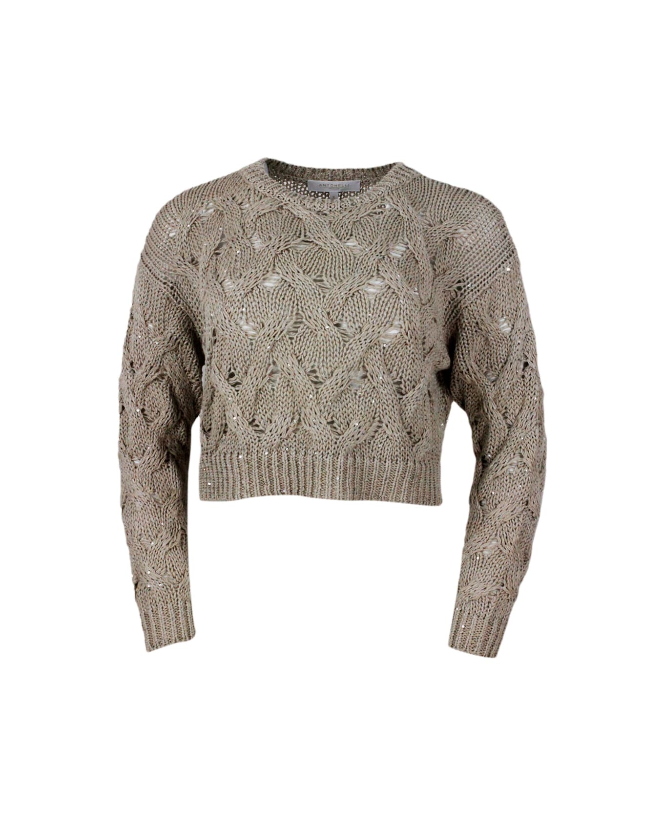 Antonelli Long-sleeved Crew-neck Sweater With Braided Workmanship Embellished With Microsequins - Beige