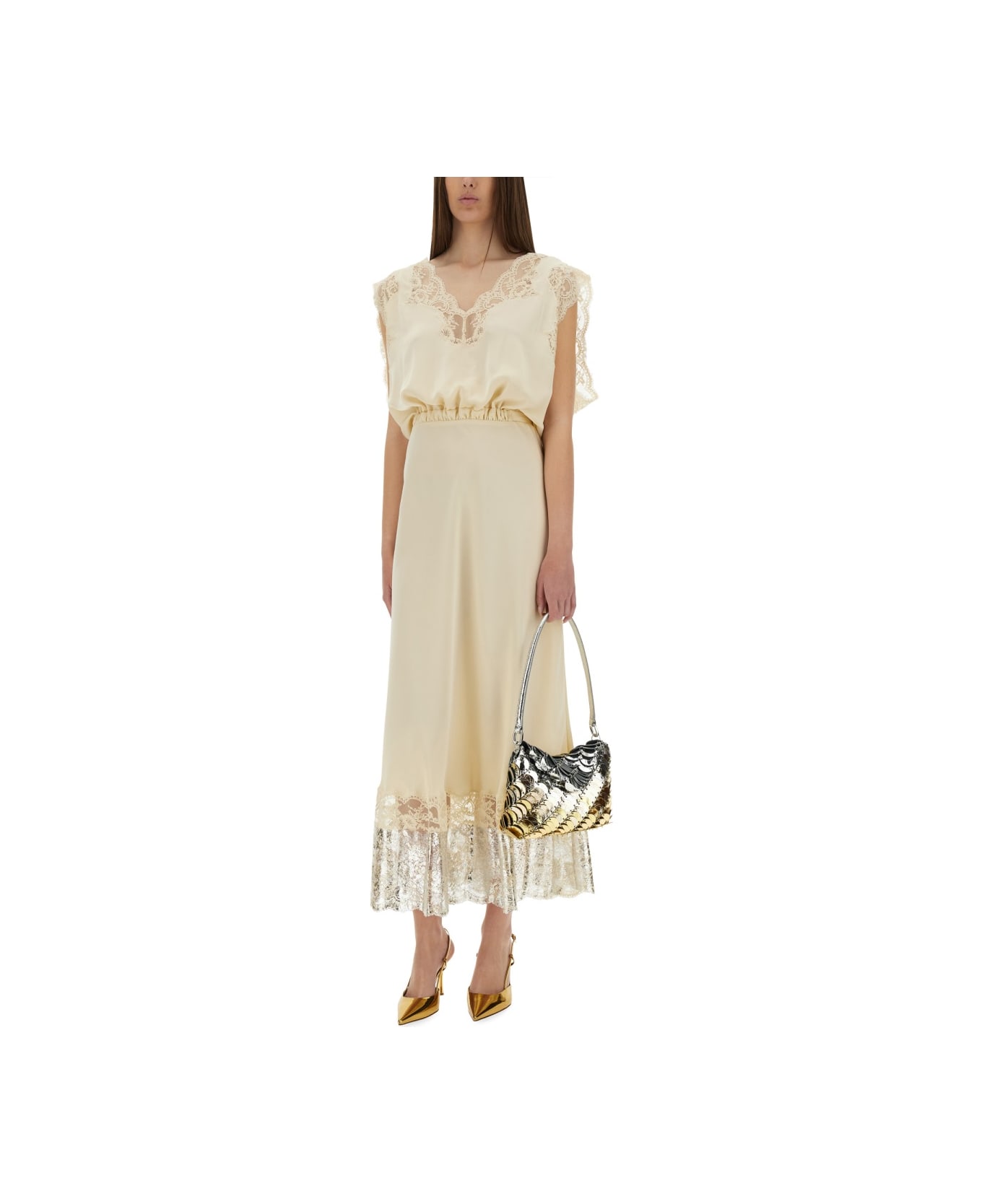 Paco Rabanne Midi Dress With Lace Inlays - IVORY