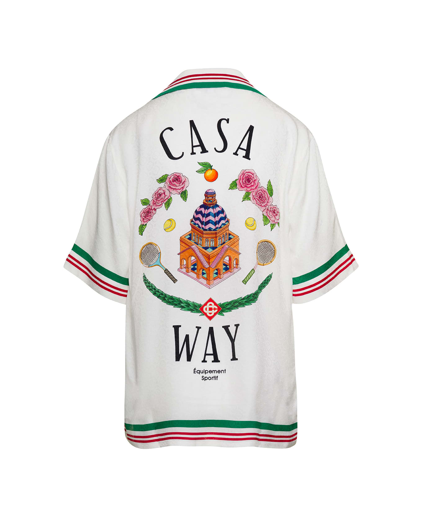 Casablanca White Bowling Shirt With Logo Print And Striped Trim In Silk Woman - White