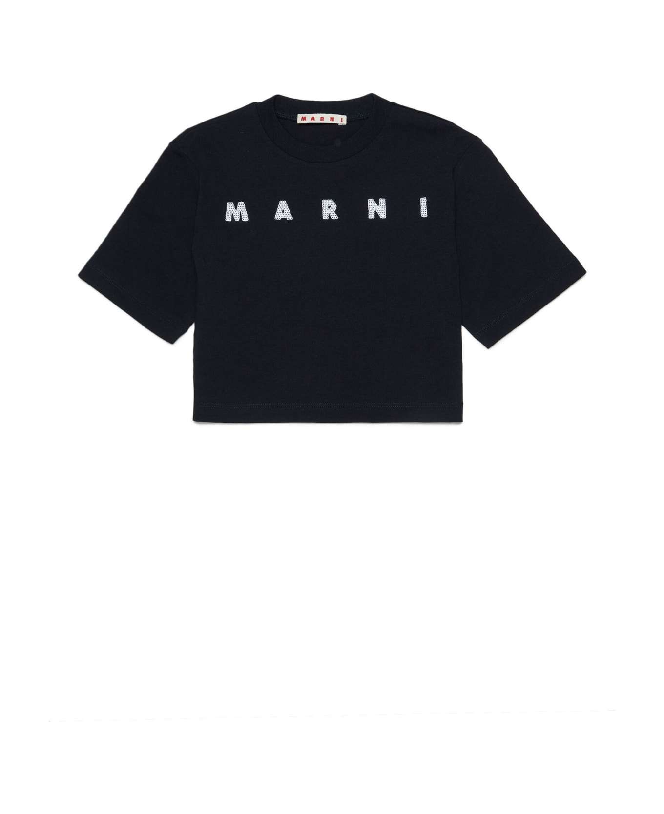 Marni Mt209f T-shirt Marni Black Jersey Cropped T-shirt With Sequin Logo - Black