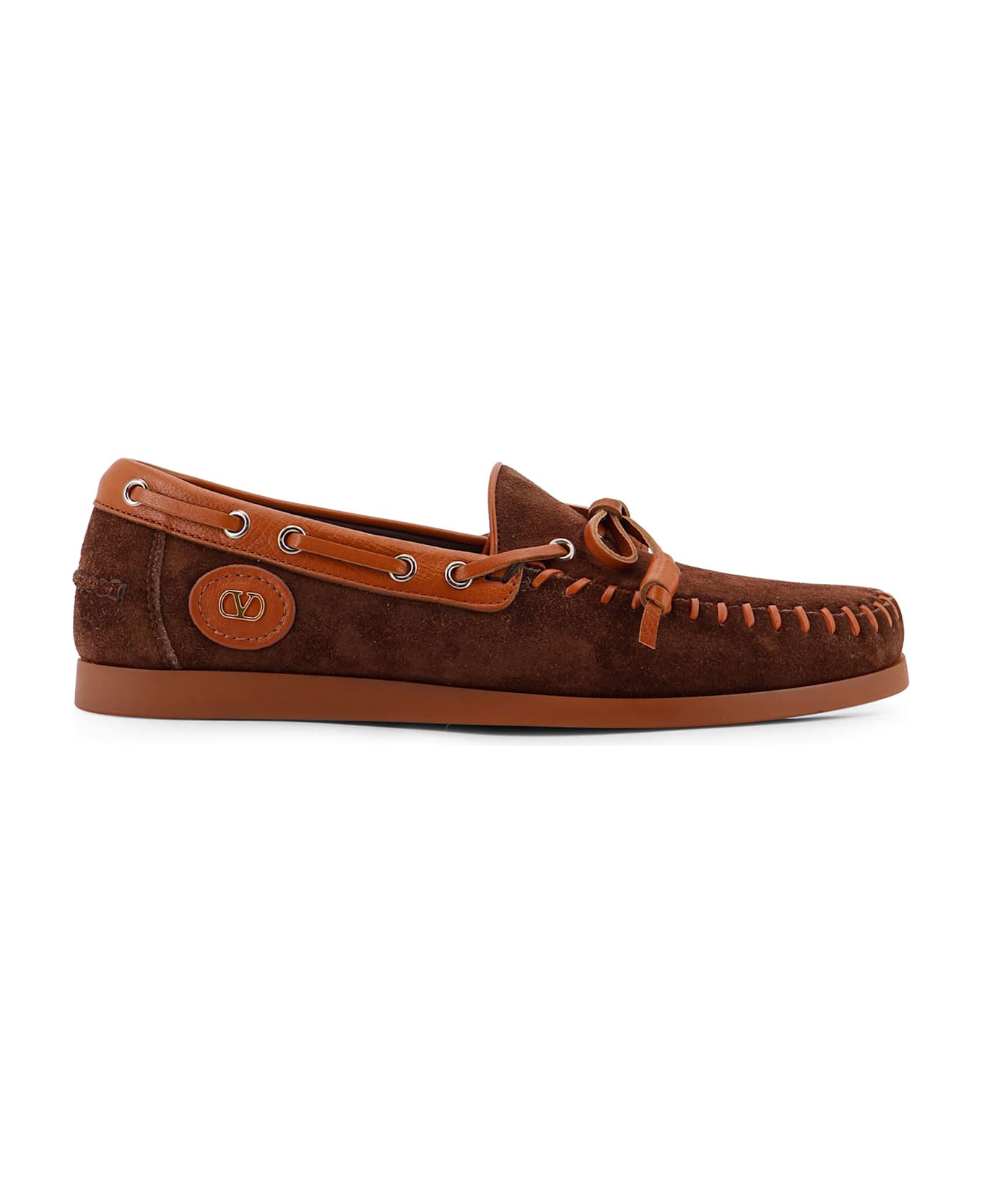 Valentino Garavani Palm Avenue Leather And Suede Boat Shoe - BARK BROWN ROASTED PECAN