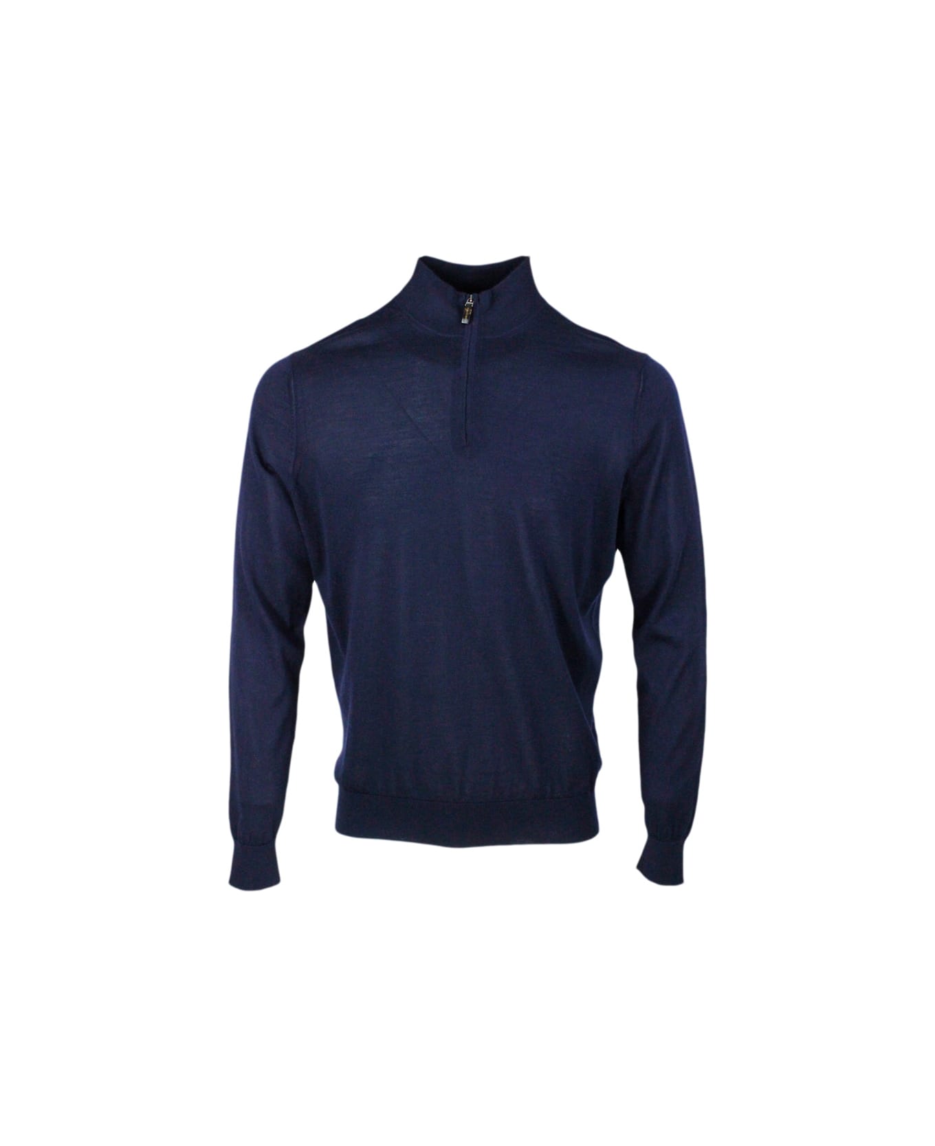 Colombo Light Half-zip Long-sleeved Sweater In Fine 100% Cashmere And Silk With Special Processing On The Profile Of The Neck - Blu navy