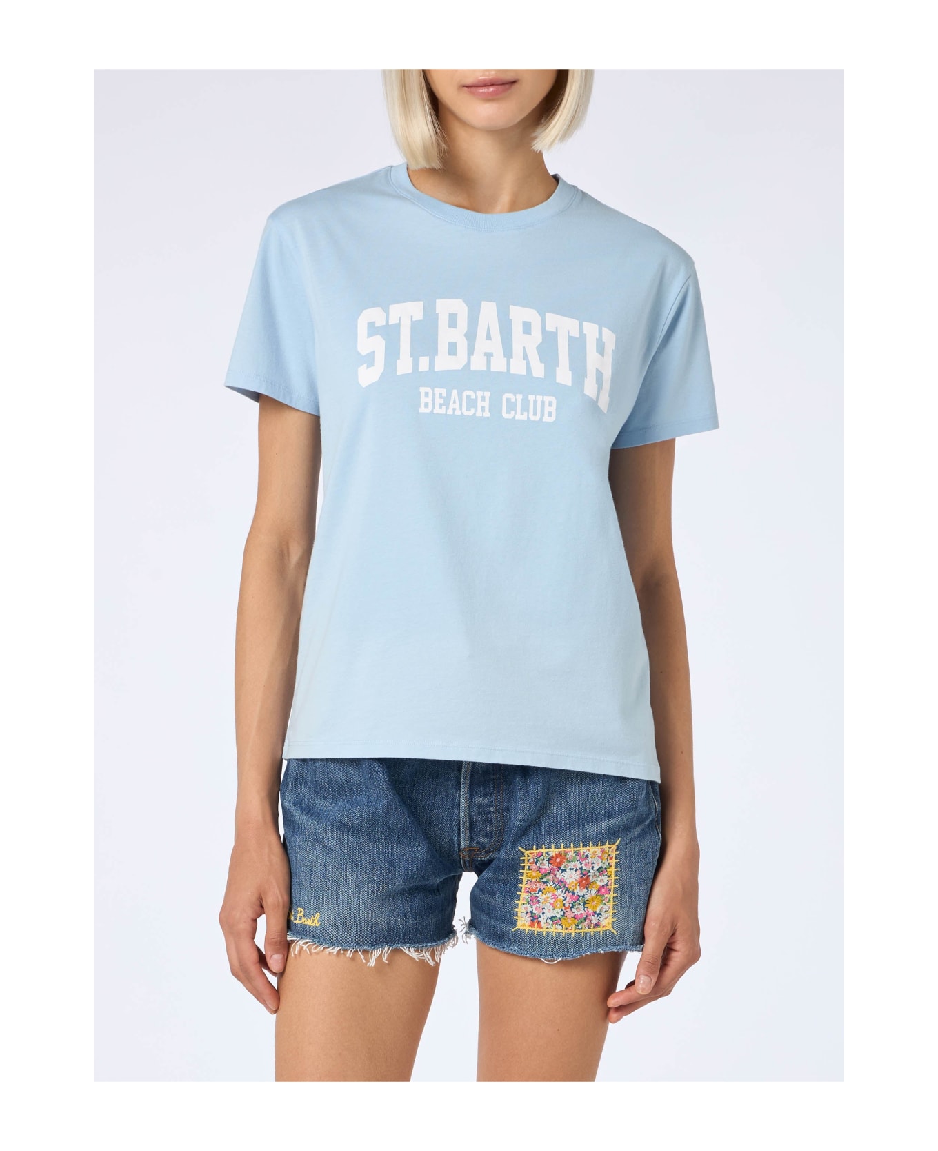 MC2 Saint Barth Woman Cotton Jersey Crewneck T-shirt Emilie With St Barth Beach Club Print - SKY