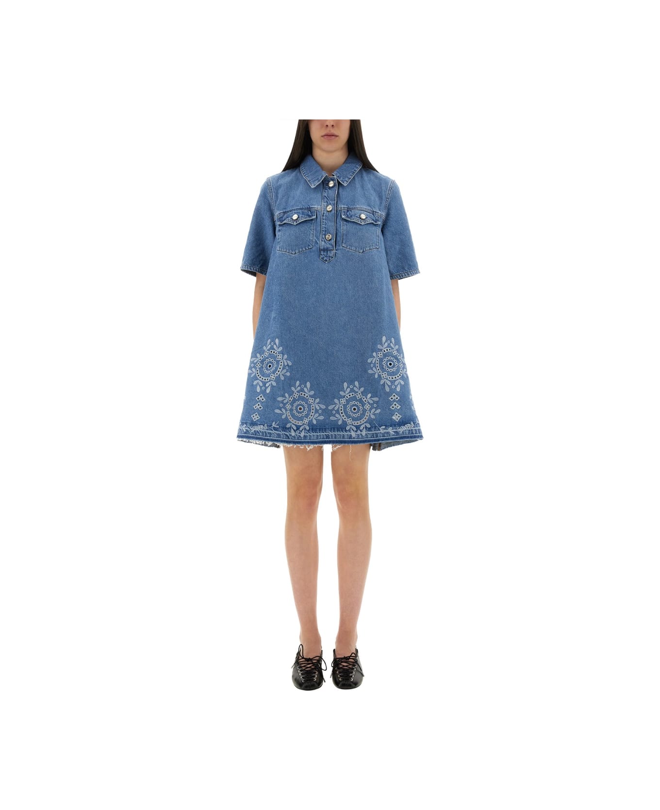 Ganni Mini Dress With Sangallo Embroidery - DENIM